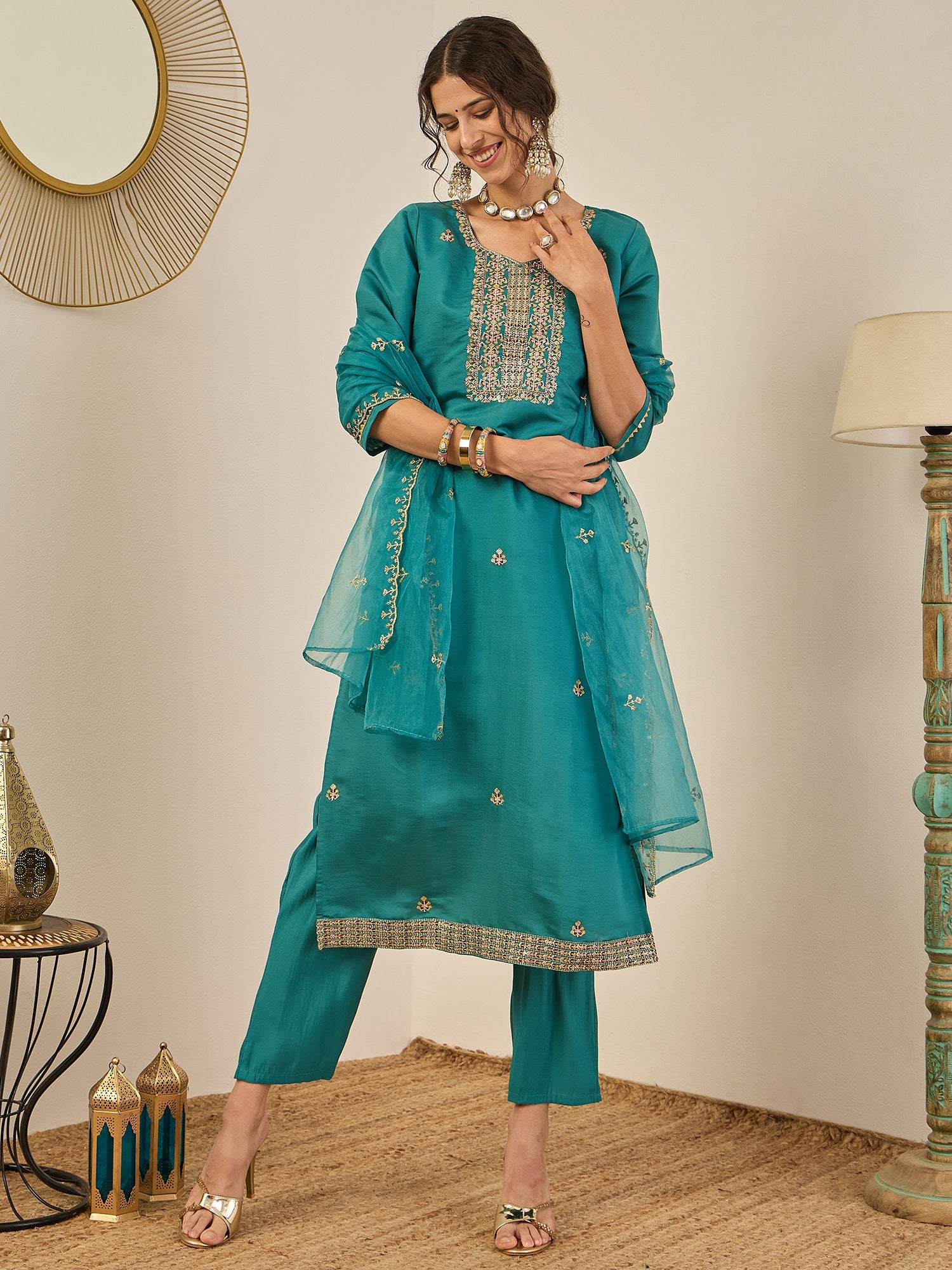 Vedhika Women's Embroidered Silk Blend Calf Length Straight Kurta Trouser with Dupatta Set