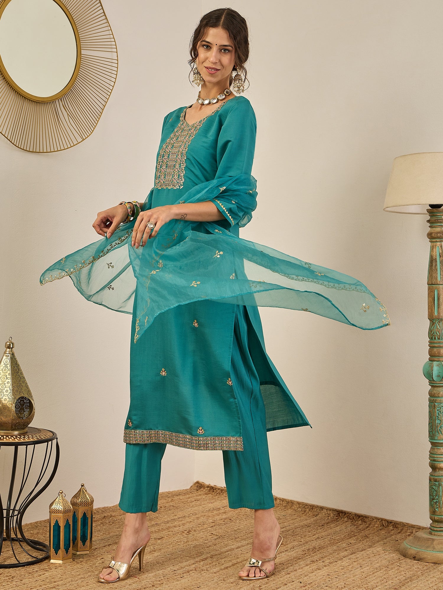 Vedhika Women's Embroidered Silk Blend Calf Length Straight Kurta Trouser with Dupatta Set