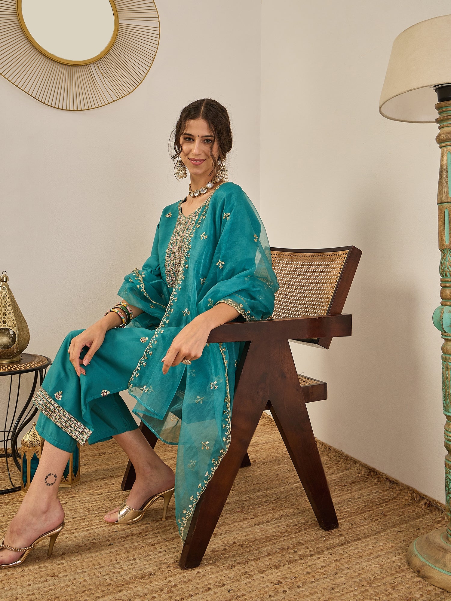 Vedhika Women's Embroidered Silk Blend Calf Length Straight Kurta Trouser with Dupatta Set