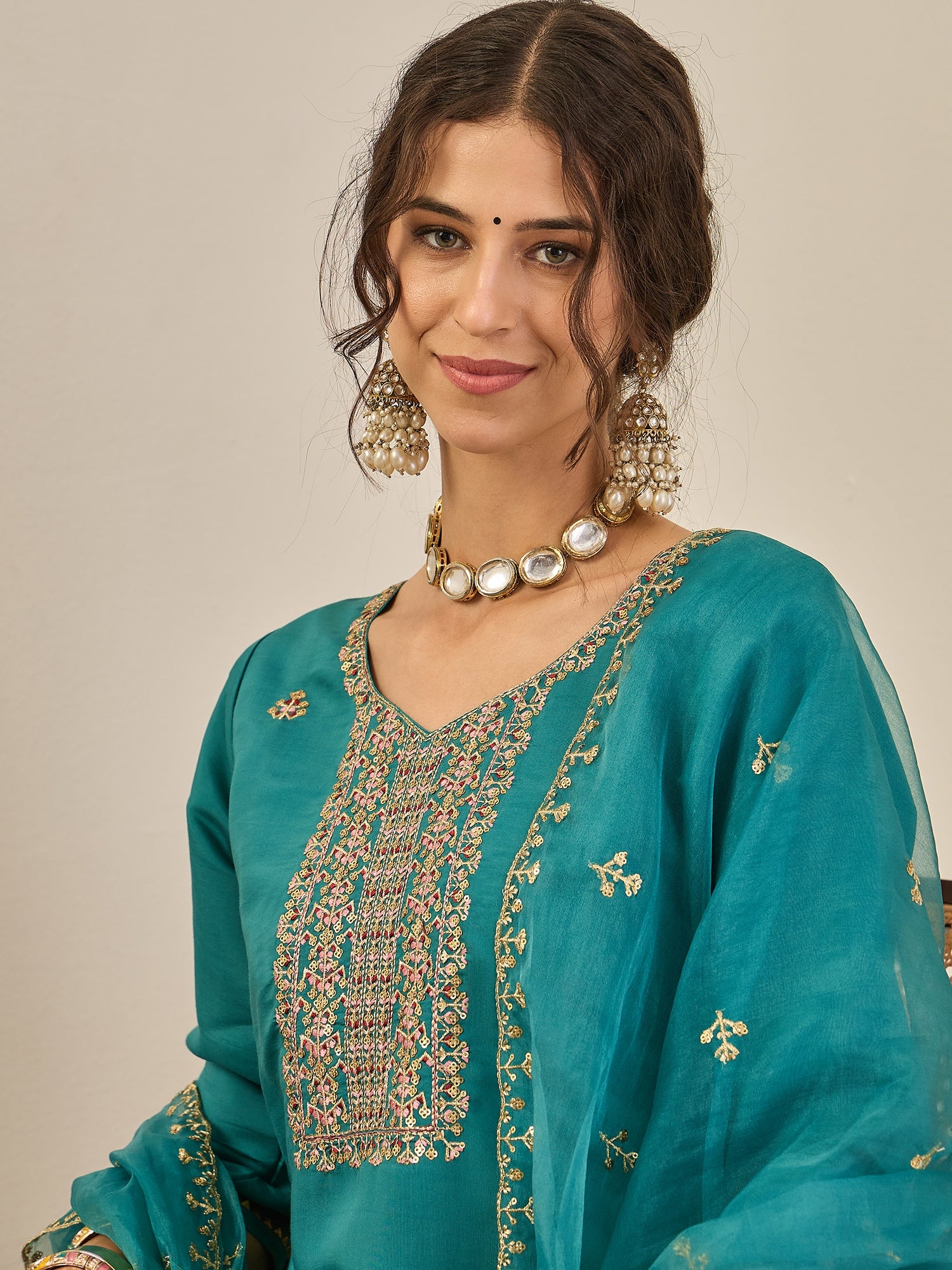 Vedhika Women's Embroidered Silk Blend Calf Length Straight Kurta Trouser with Dupatta Set