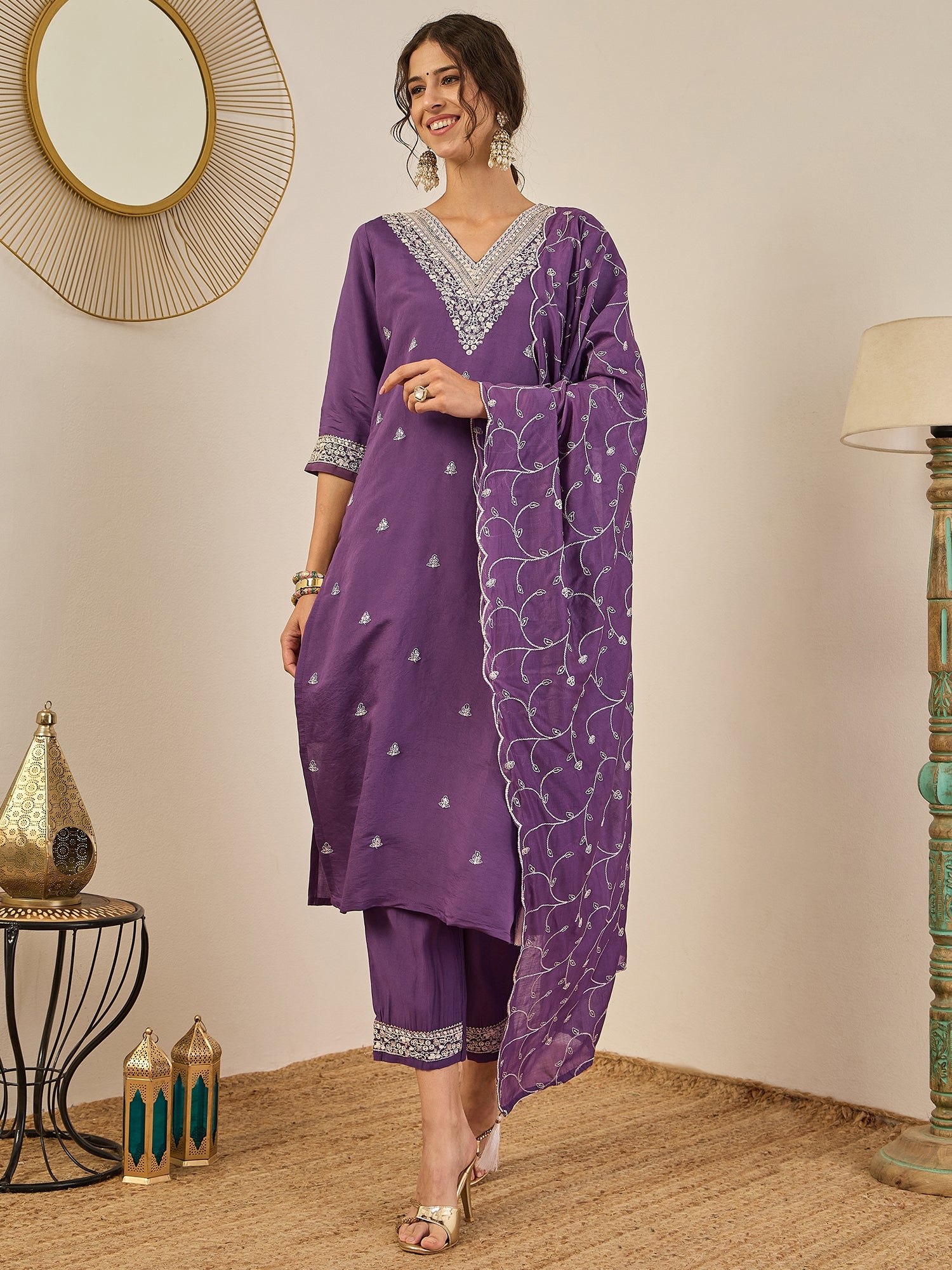 Swarnika Elegant Silk Blend Kurta Set with Chanderi Dupatta Ready to Wear Embroidered Party Wear Outfit