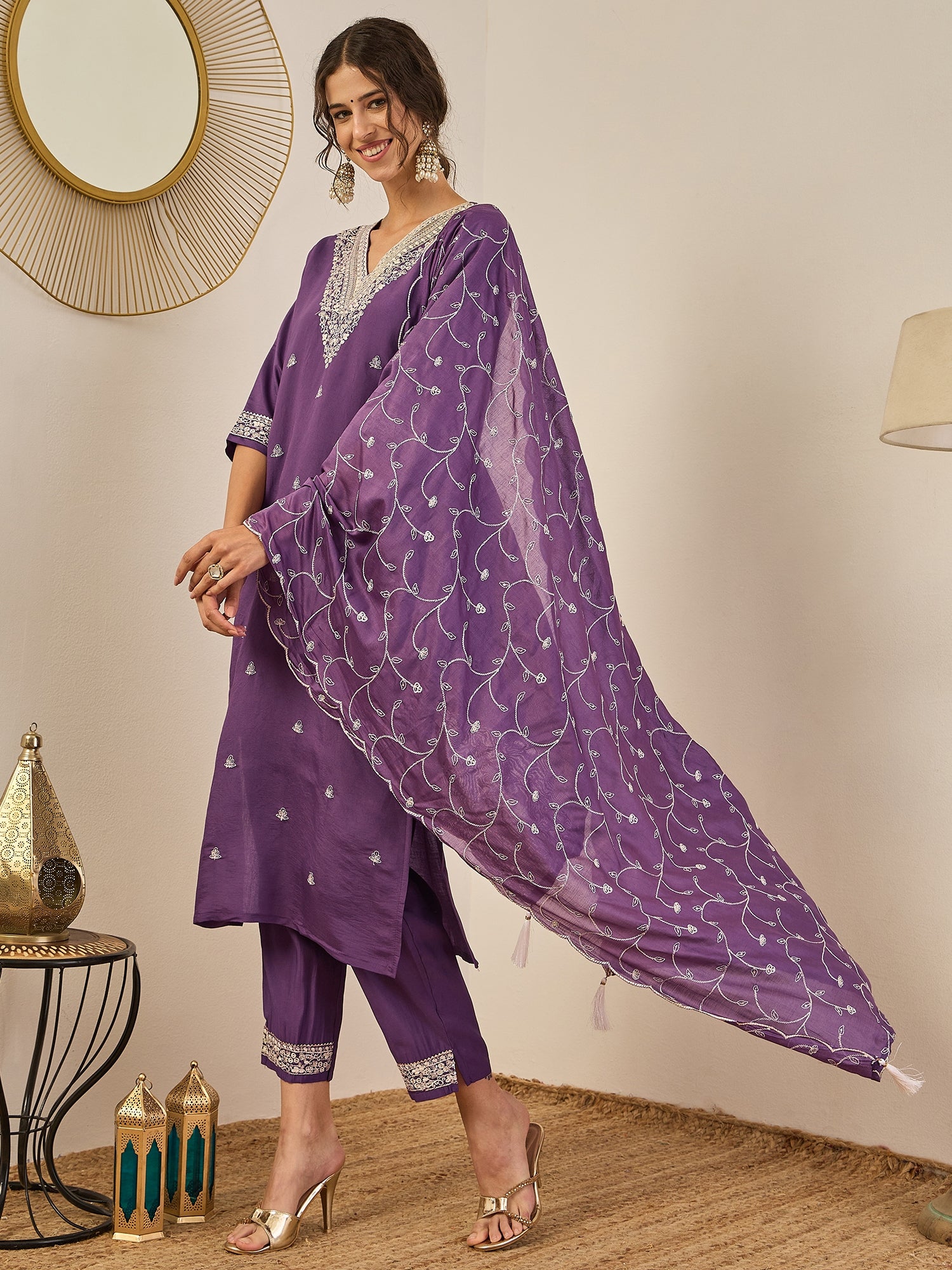 Swarnika Elegant Silk Blend Kurta Set with Chanderi Dupatta Ready to Wear Embroidered Party Wear Outfit