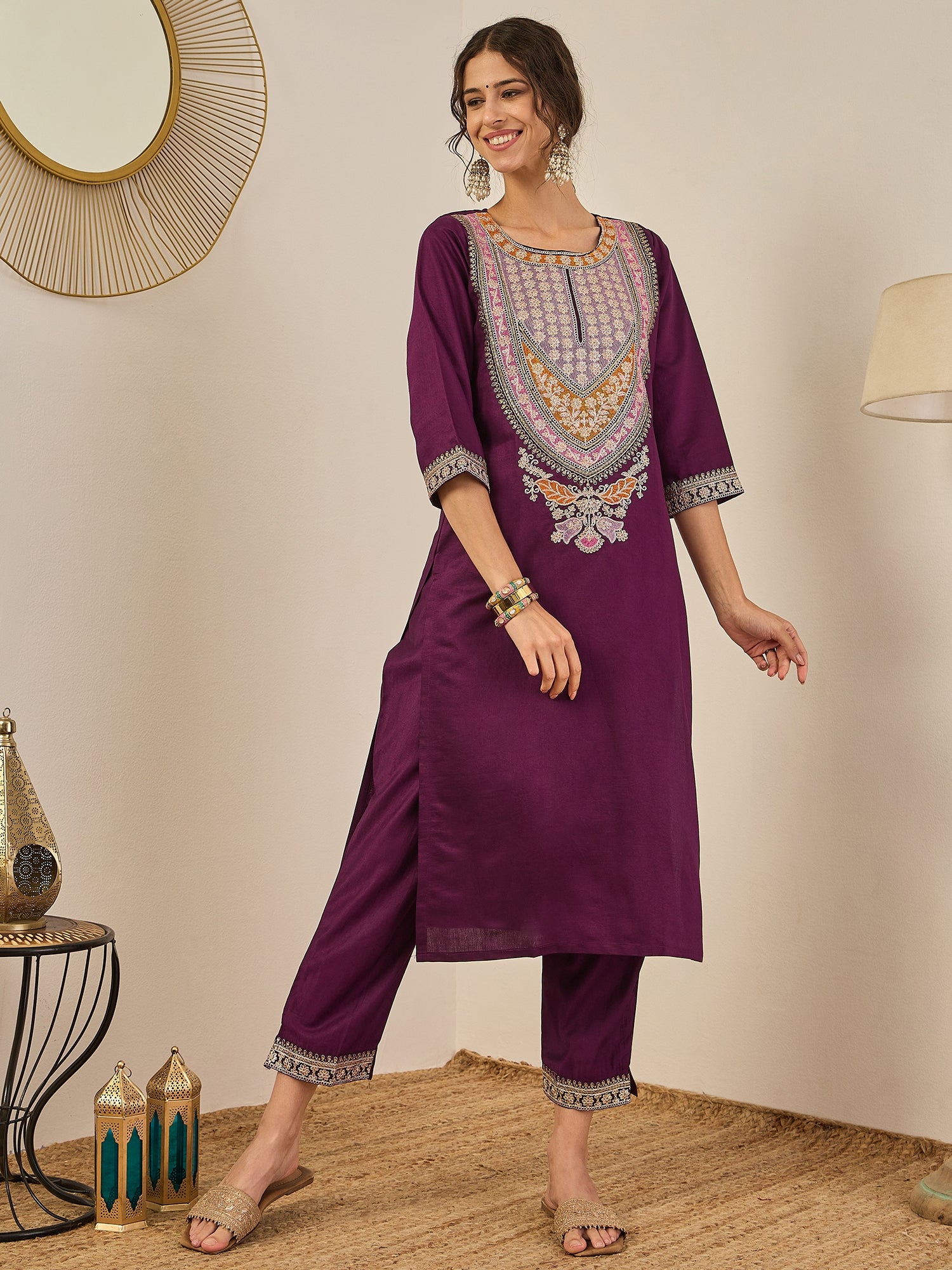 Tanirika Women's Embroidered Viscose Rayon Calf Length Straight Kurta Trouser with Dupatta Set