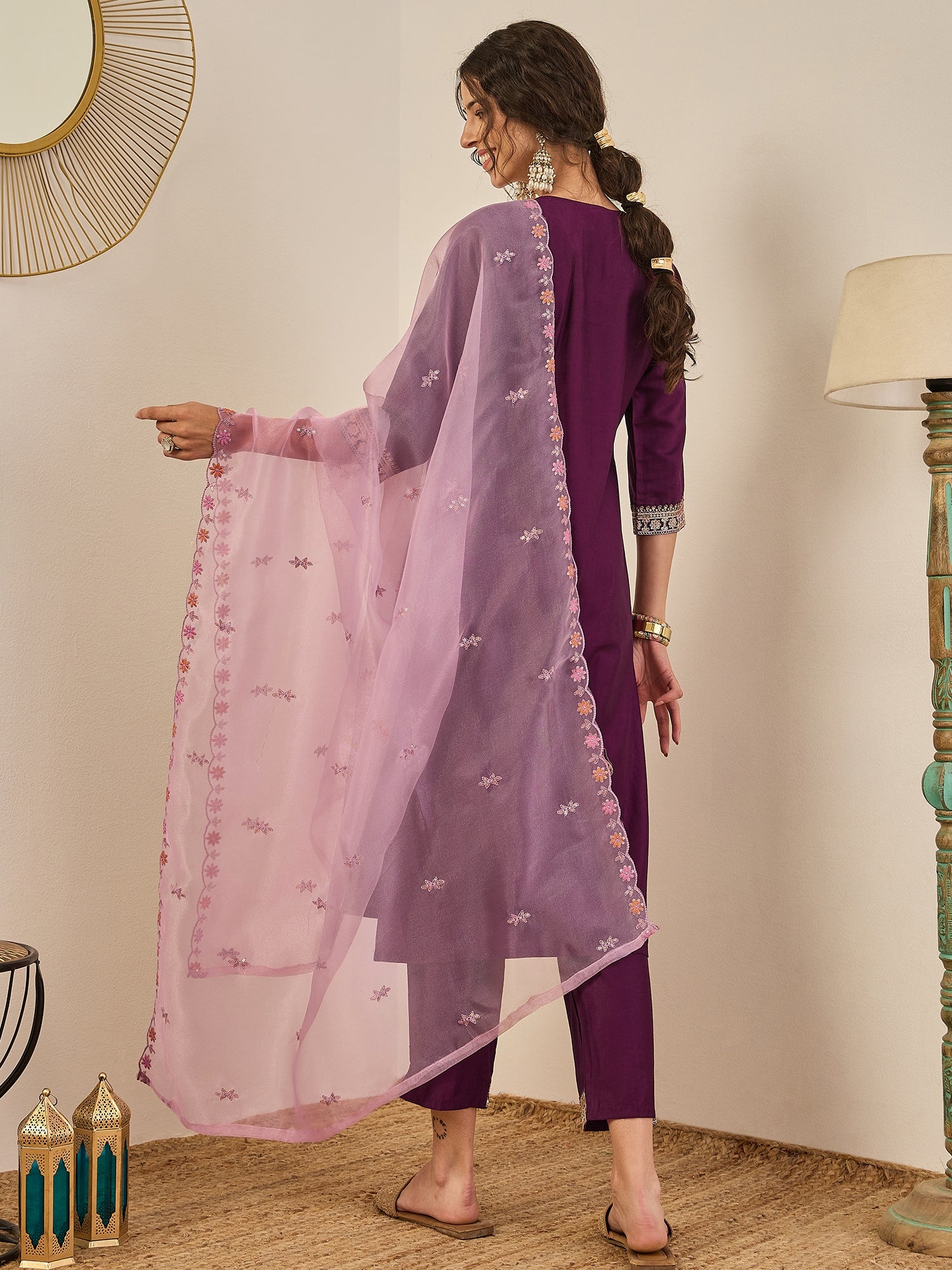Tanirika Women's Embroidered Viscose Rayon Calf Length Straight Kurta Trouser with Dupatta Set