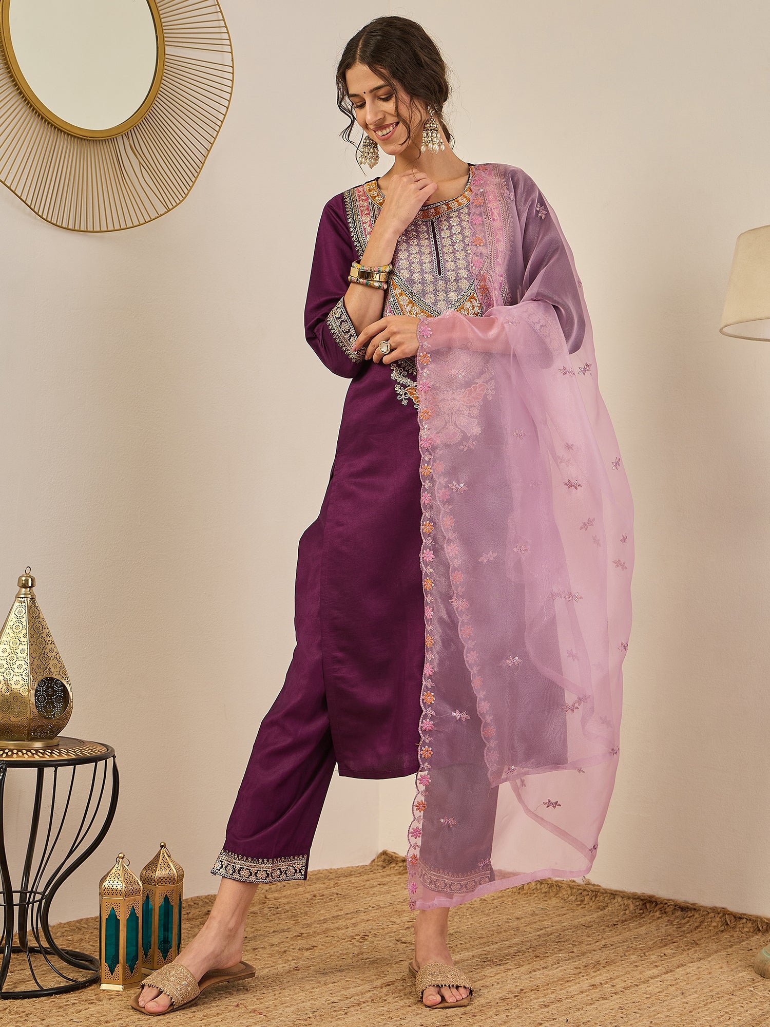 Tanirika Women's Embroidered Viscose Rayon Calf Length Straight Kurta Trouser with Dupatta Set