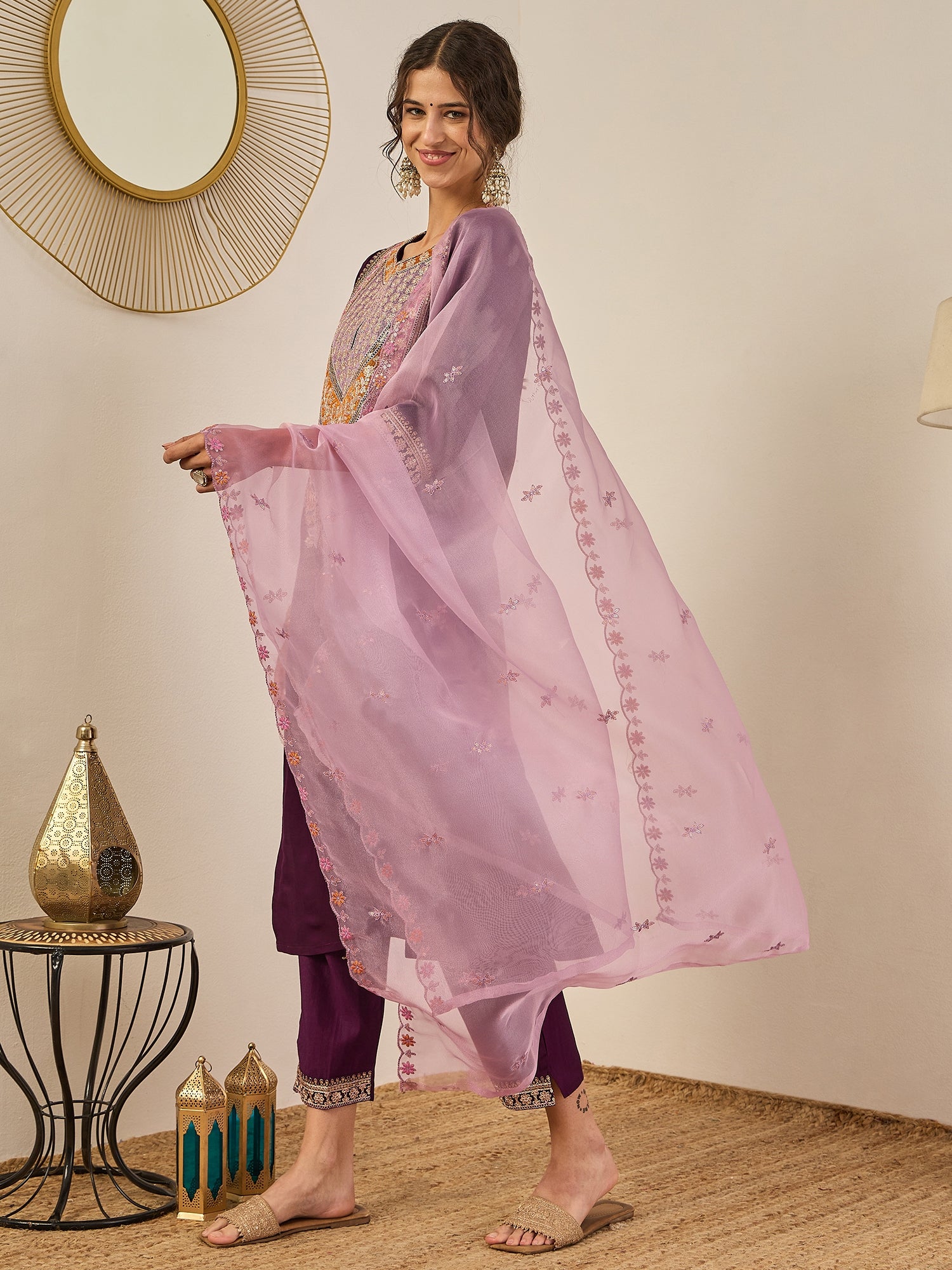 Tanirika Women's Embroidered Viscose Rayon Calf Length Straight Kurta Trouser with Dupatta Set