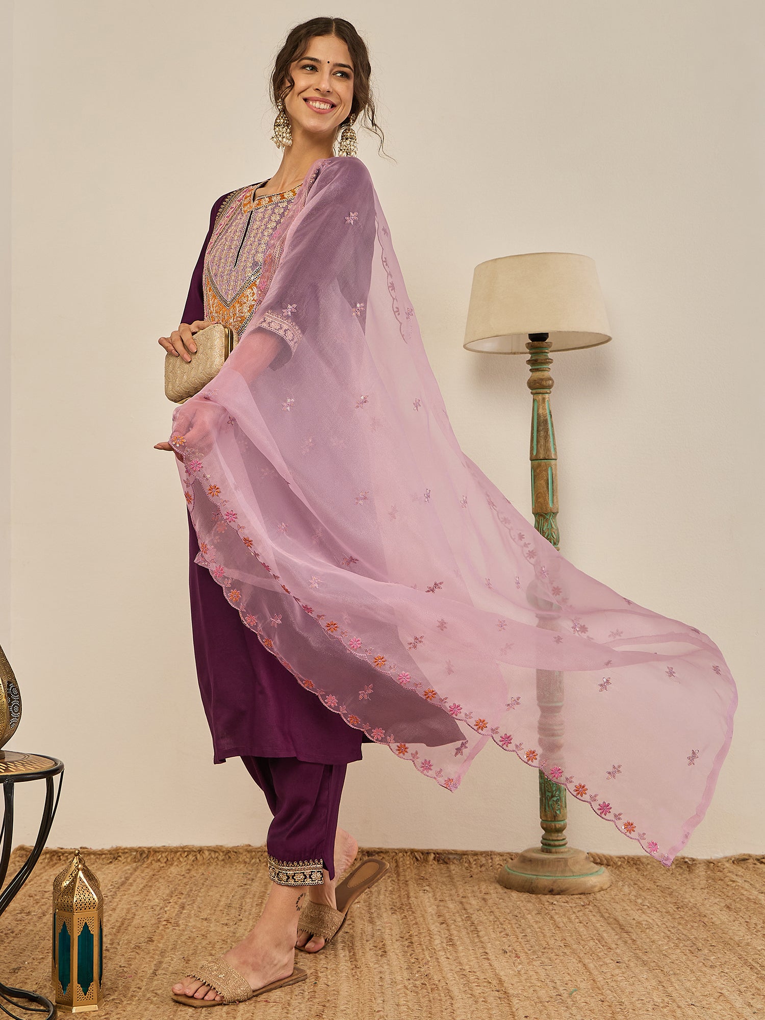 Tanirika Women's Embroidered Viscose Rayon Calf Length Straight Kurta Trouser with Dupatta Set