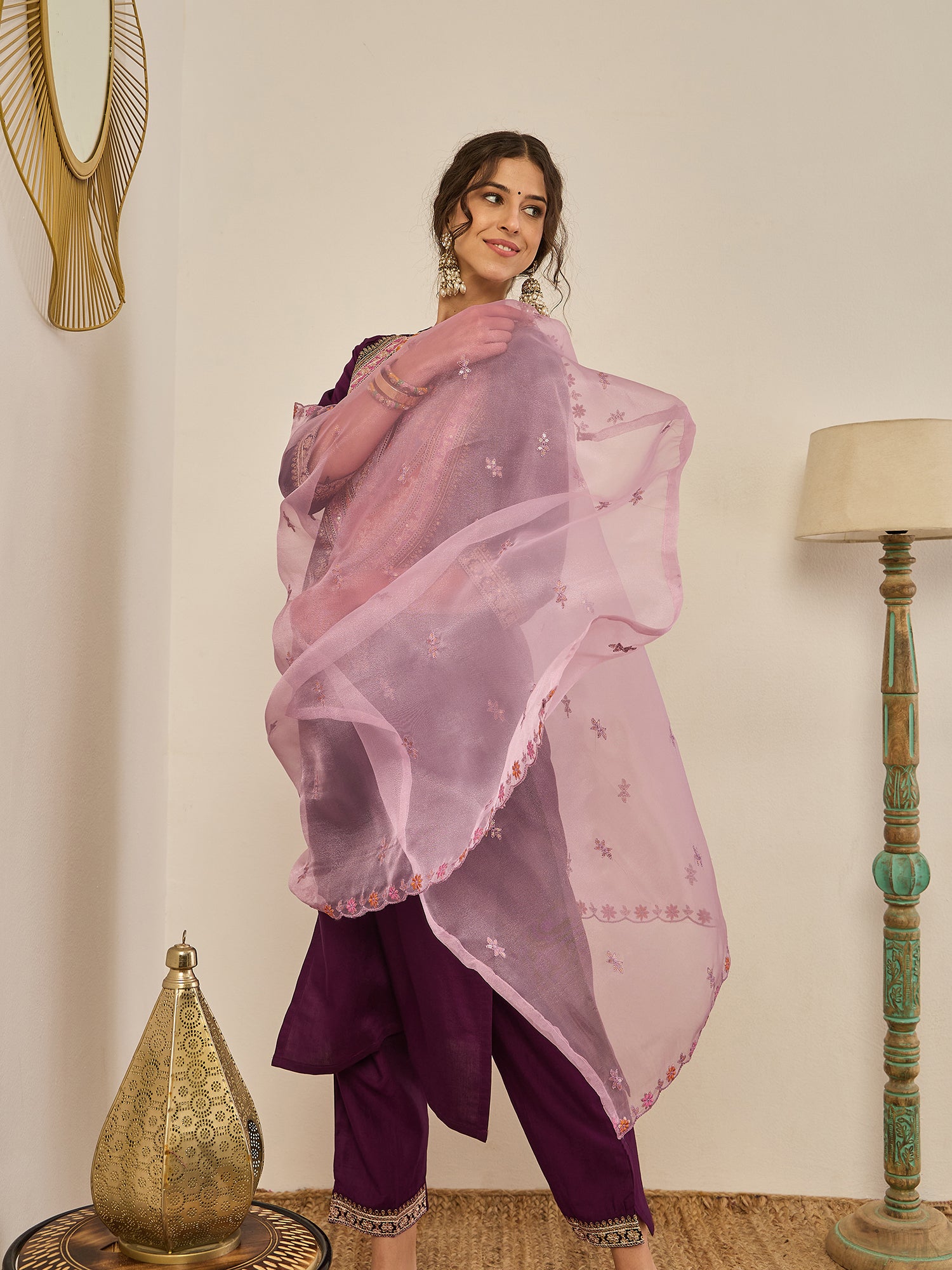 Tanirika Women's Embroidered Viscose Rayon Calf Length Straight Kurta Trouser with Dupatta Set