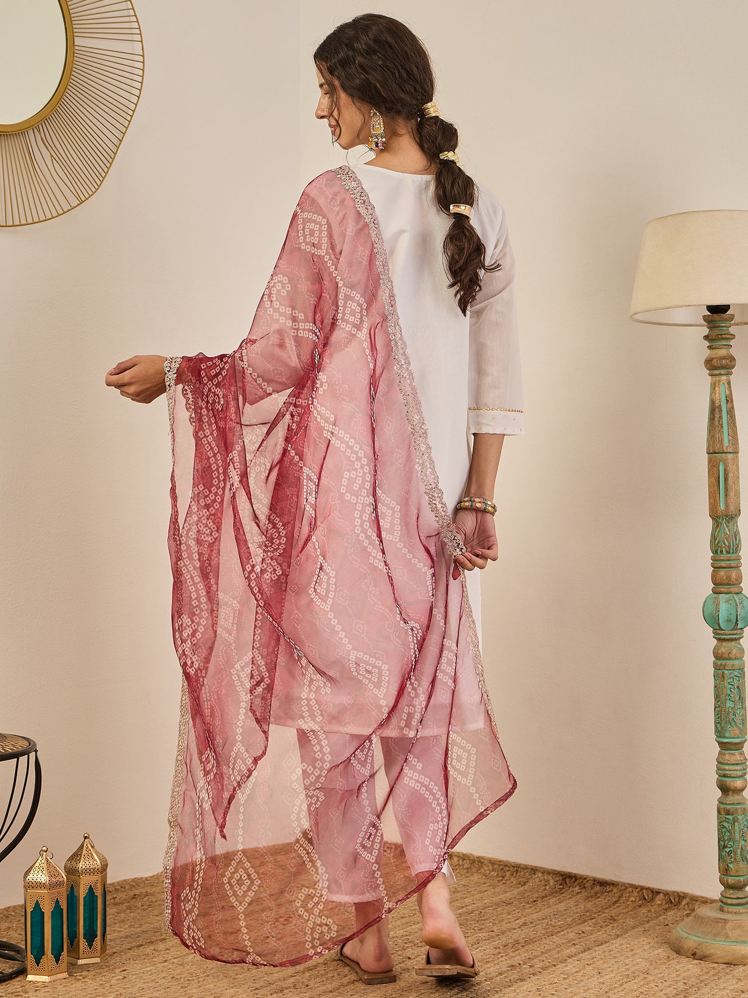 Divyaa Womens Chanderi Silk Kurta Pant Set with Embroidered Organza Dupatta Traditional Party Wear