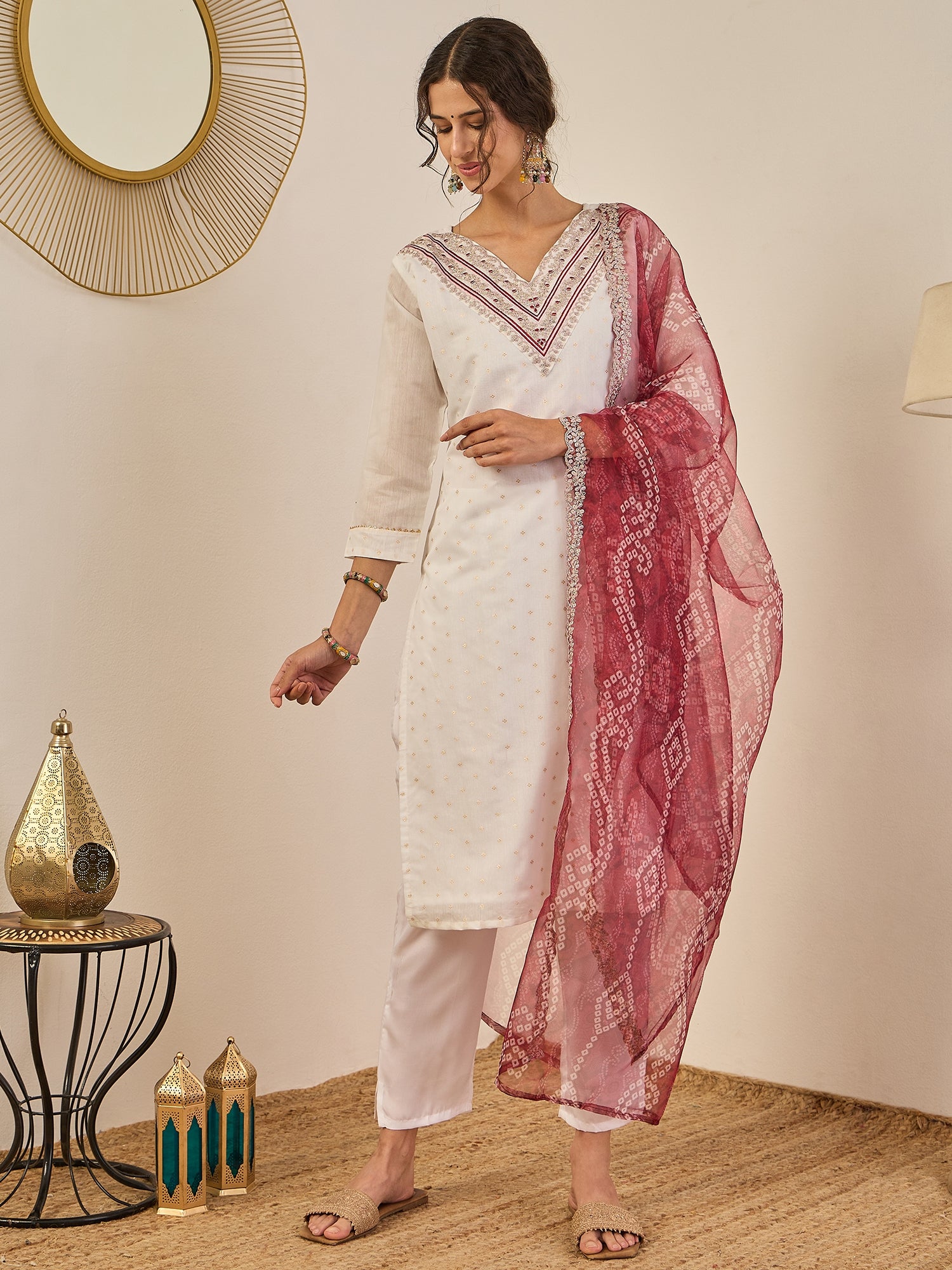 Divyaa Womens Chanderi Silk Kurta Pant Set with Embroidered Organza Dupatta Traditional Party Wear