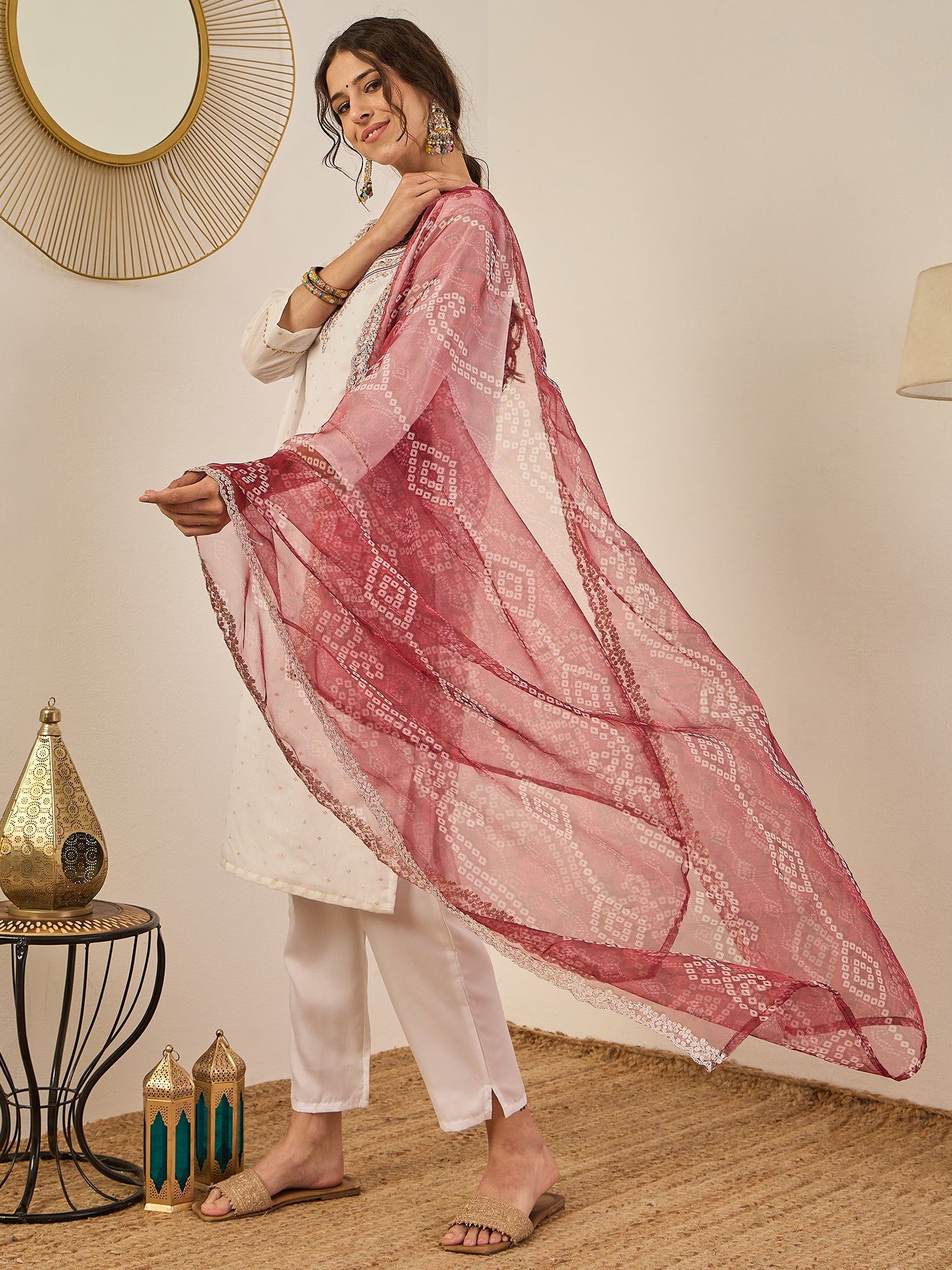 Divyaa Womens Chanderi Silk Kurta Pant Set with Embroidered Organza Dupatta Traditional Party Wear