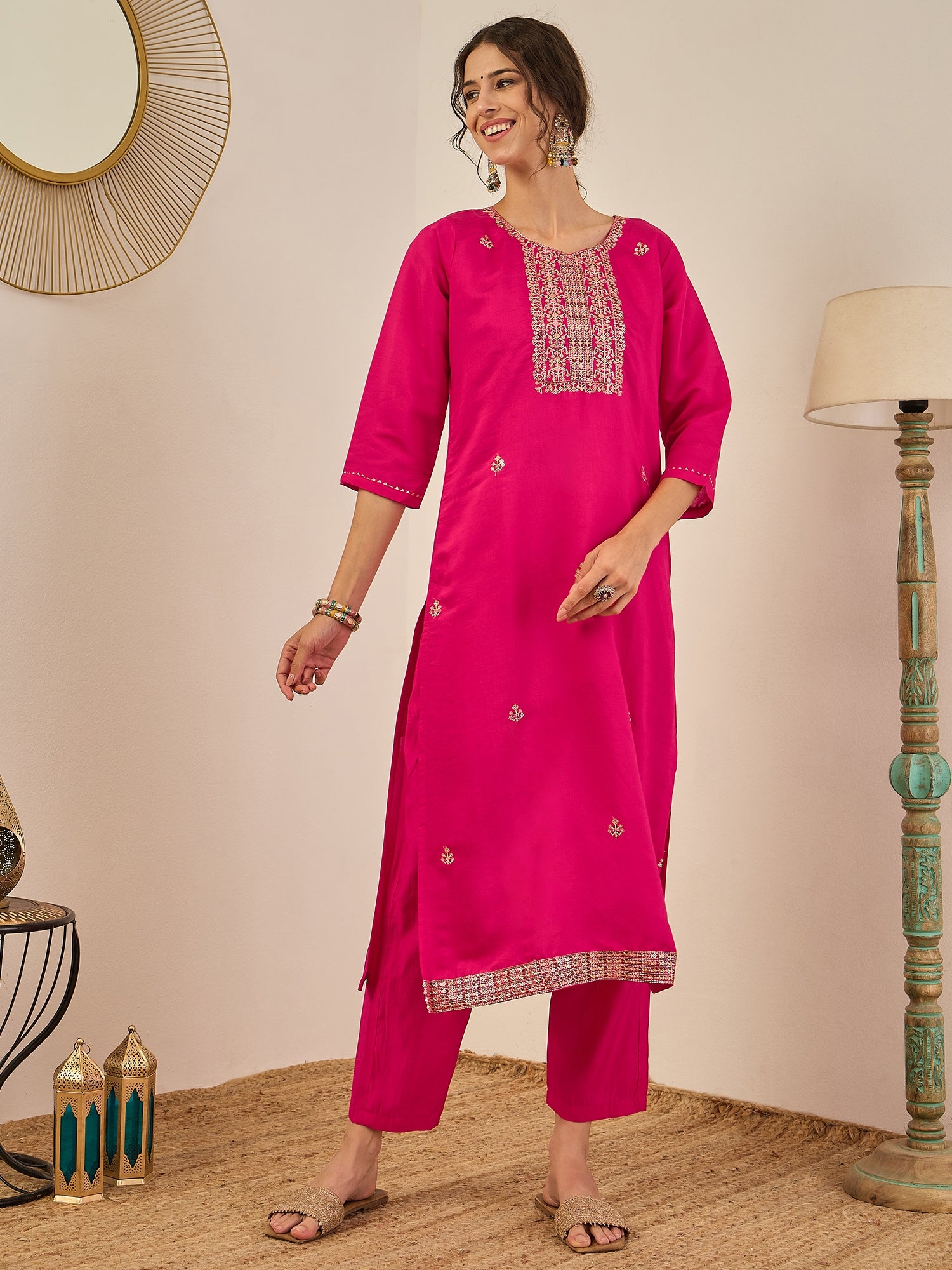 Vedhika Women's Embroidered Silk Blend Calf Length Straight Kurta Trouser with Dupatta Set