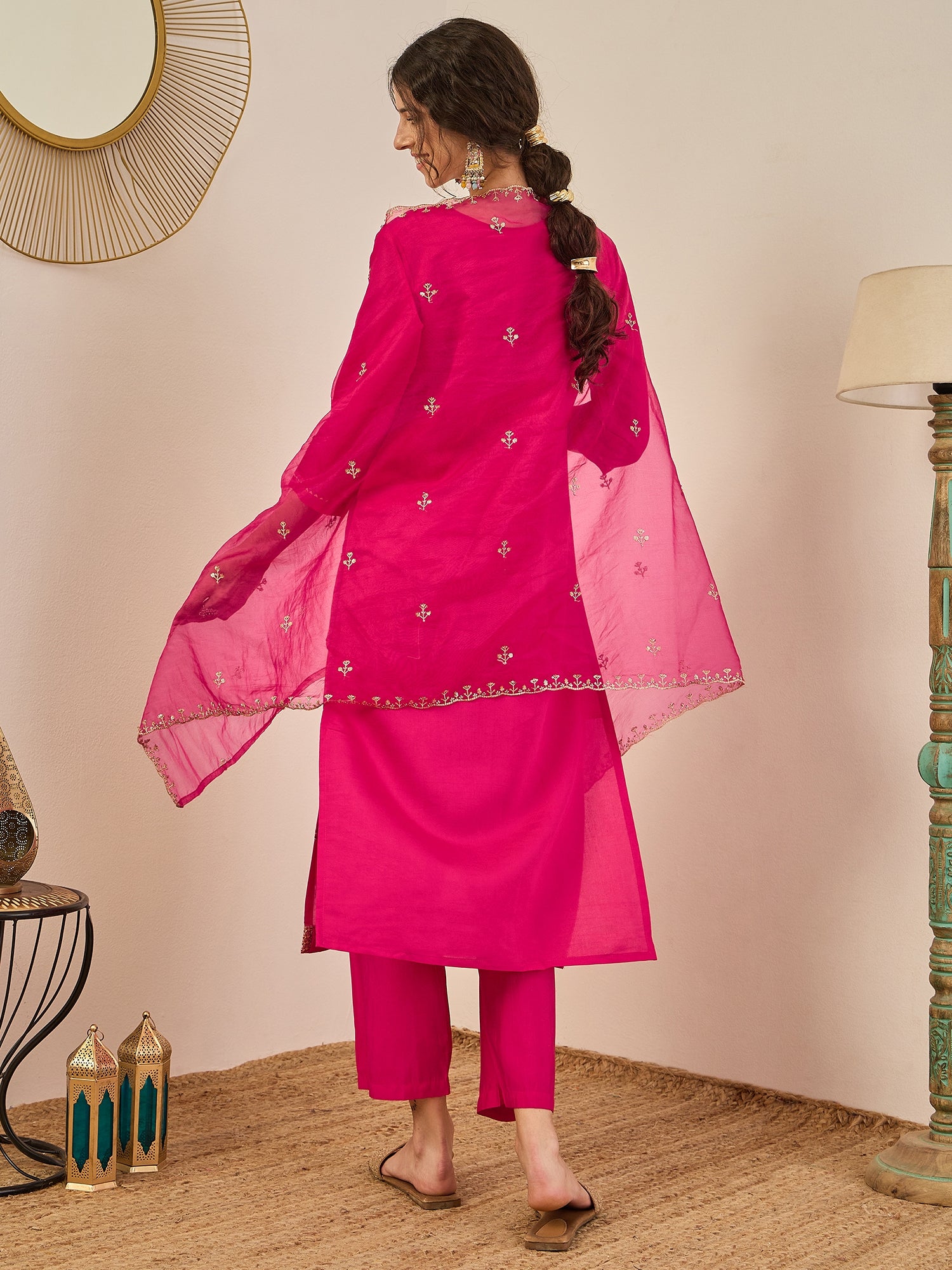 Vedhika Women's Embroidered Silk Blend Calf Length Straight Kurta Trouser with Dupatta Set