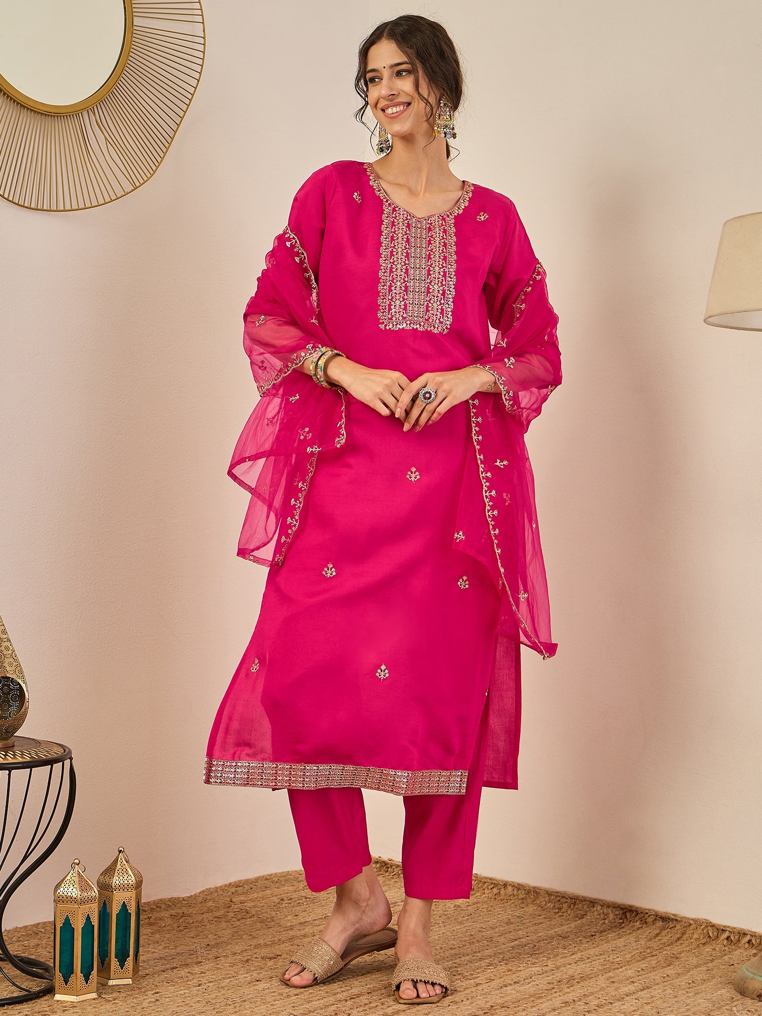 Vedhika Women's Embroidered Silk Blend Calf Length Straight Kurta Trouser with Dupatta Set