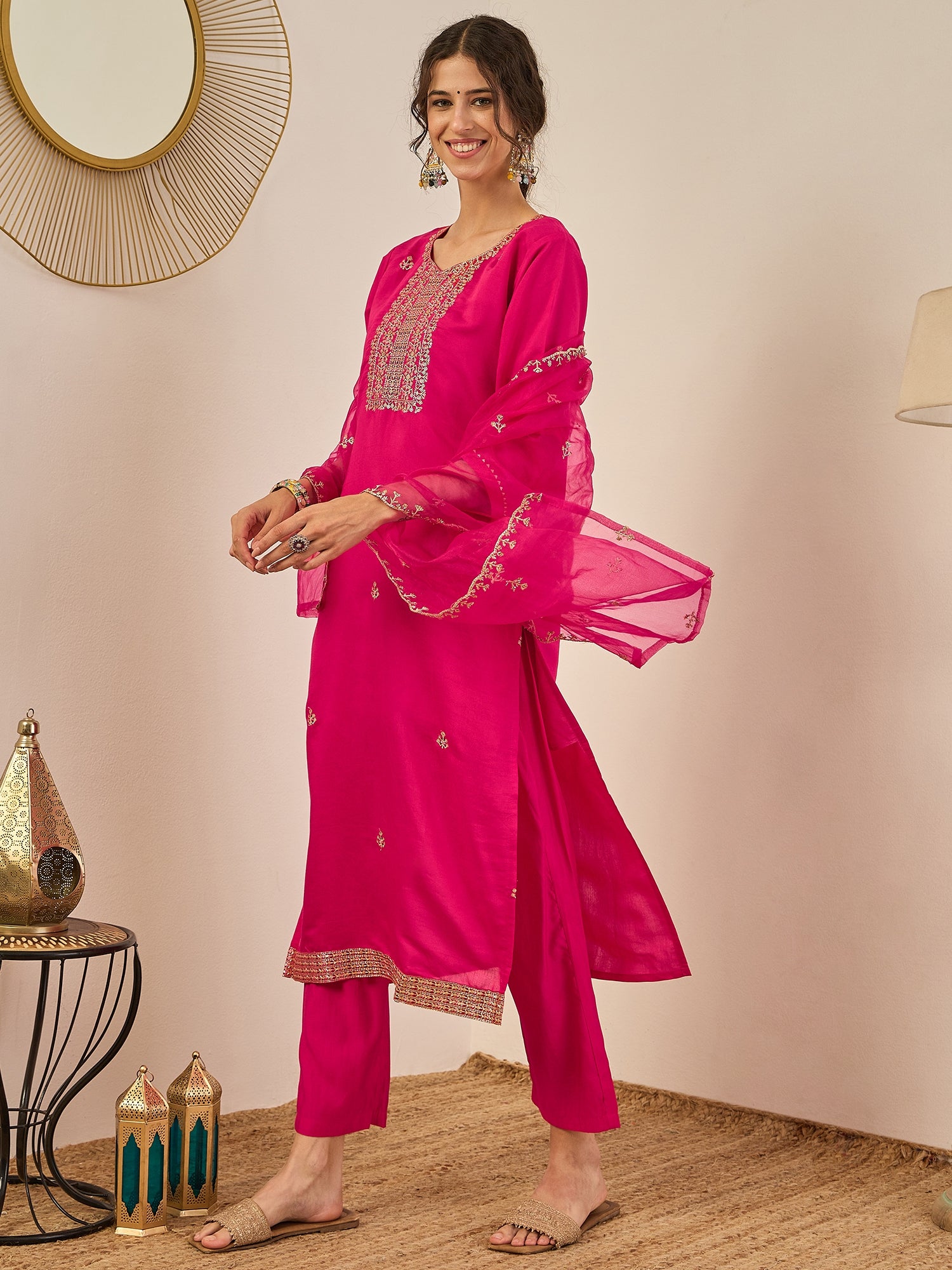 Vedhika Women's Embroidered Silk Blend Calf Length Straight Kurta Trouser with Dupatta Set