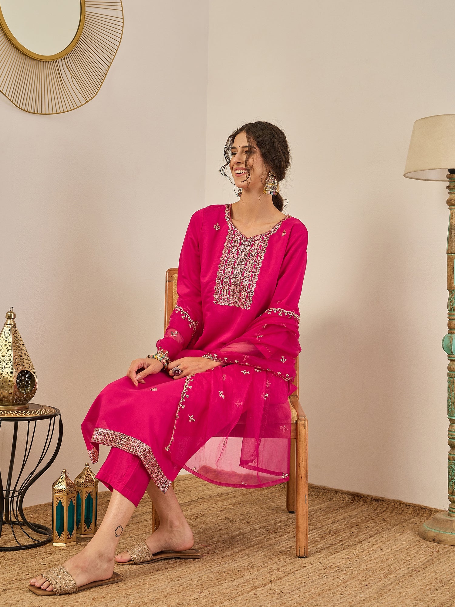 Vedhika Women's Embroidered Silk Blend Calf Length Straight Kurta Trouser with Dupatta Set