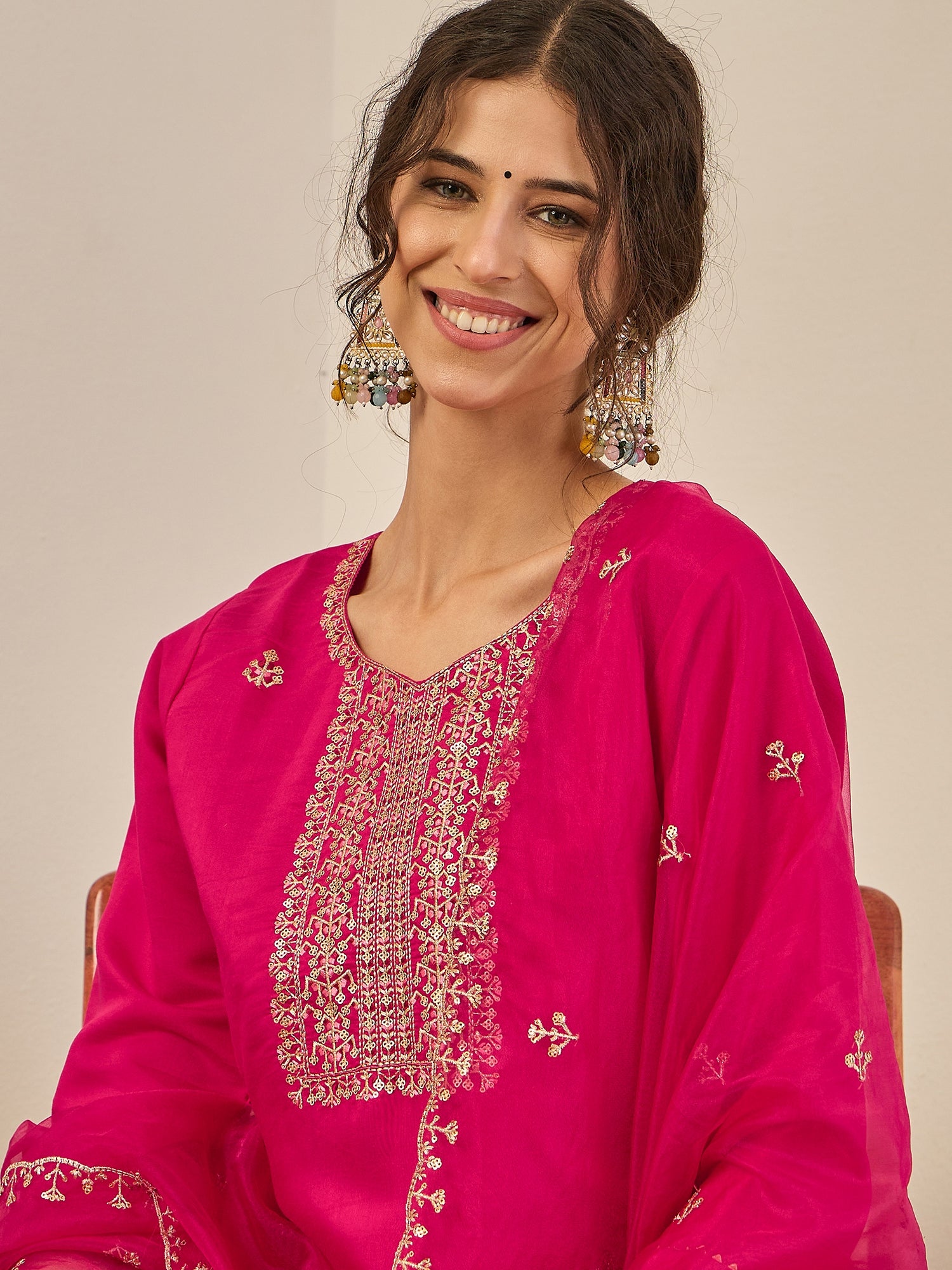 Vedhika Women's Embroidered Silk Blend Calf Length Straight Kurta Trouser with Dupatta Set