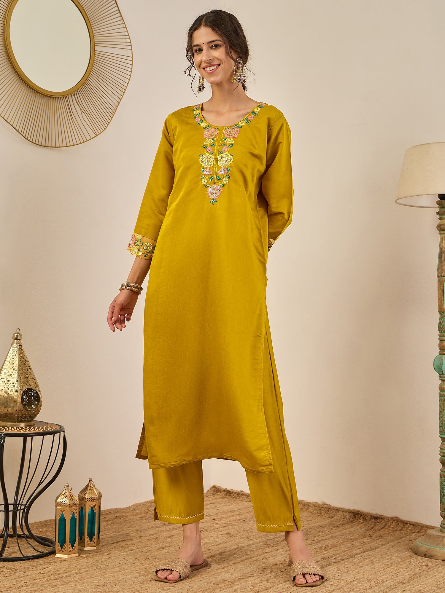 Shailee Women's Embroidered Viscose Roman Silk Kurta Pant Set with Organza Dupatta Elegant Lightweight Ethnic Wear