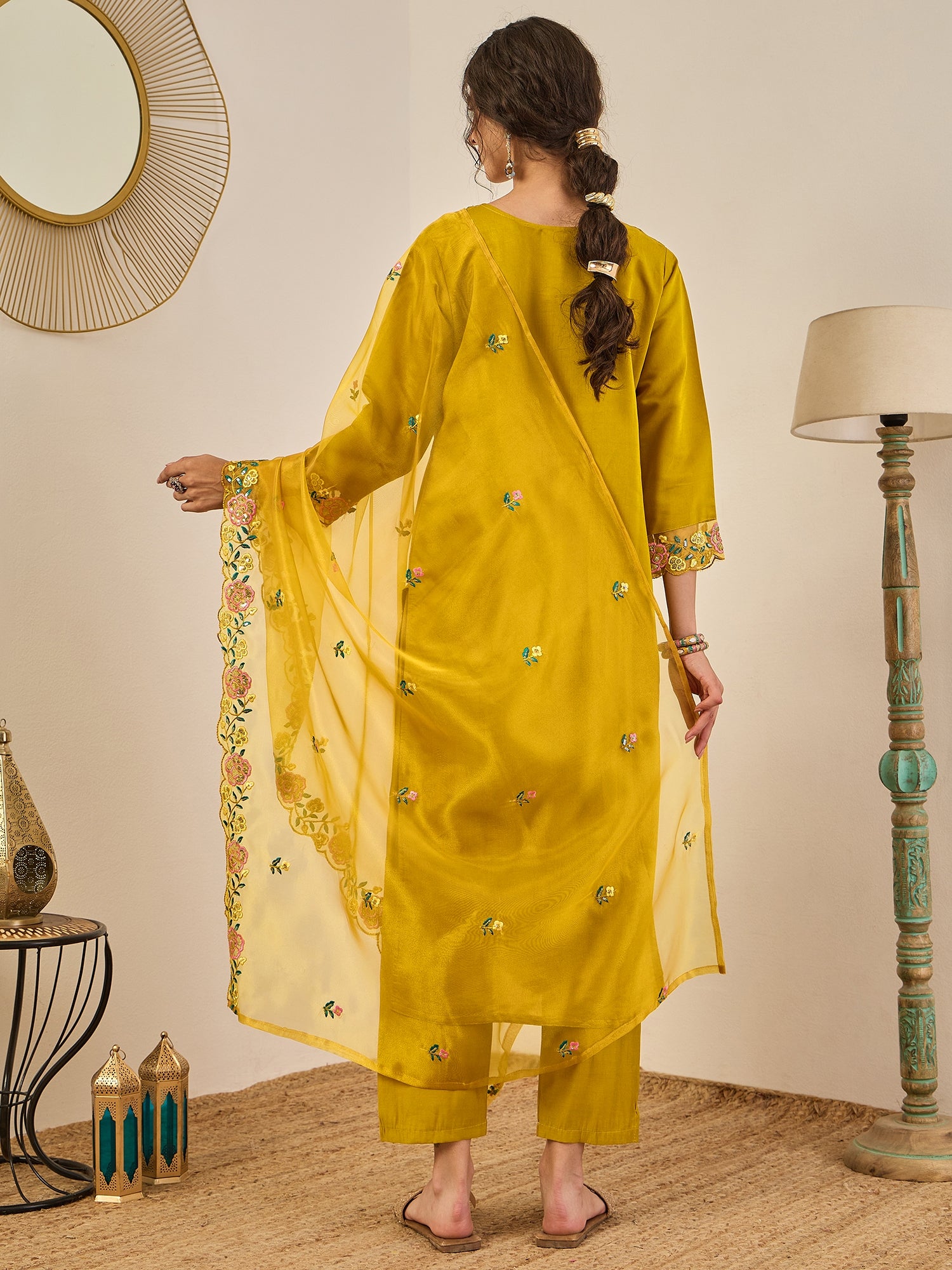 Shailee Women's Embroidered Viscose Roman Silk Kurta Pant Set with Organza Dupatta Elegant Lightweight Ethnic Wear