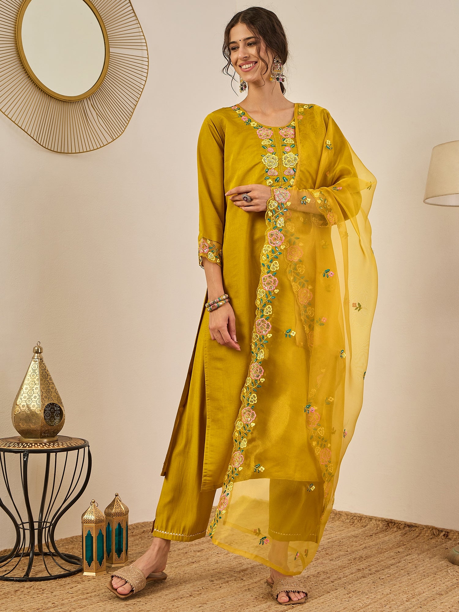 Shailee Women's Embroidered Viscose Roman Silk Kurta Pant Set with Organza Dupatta Elegant Lightweight Ethnic Wear