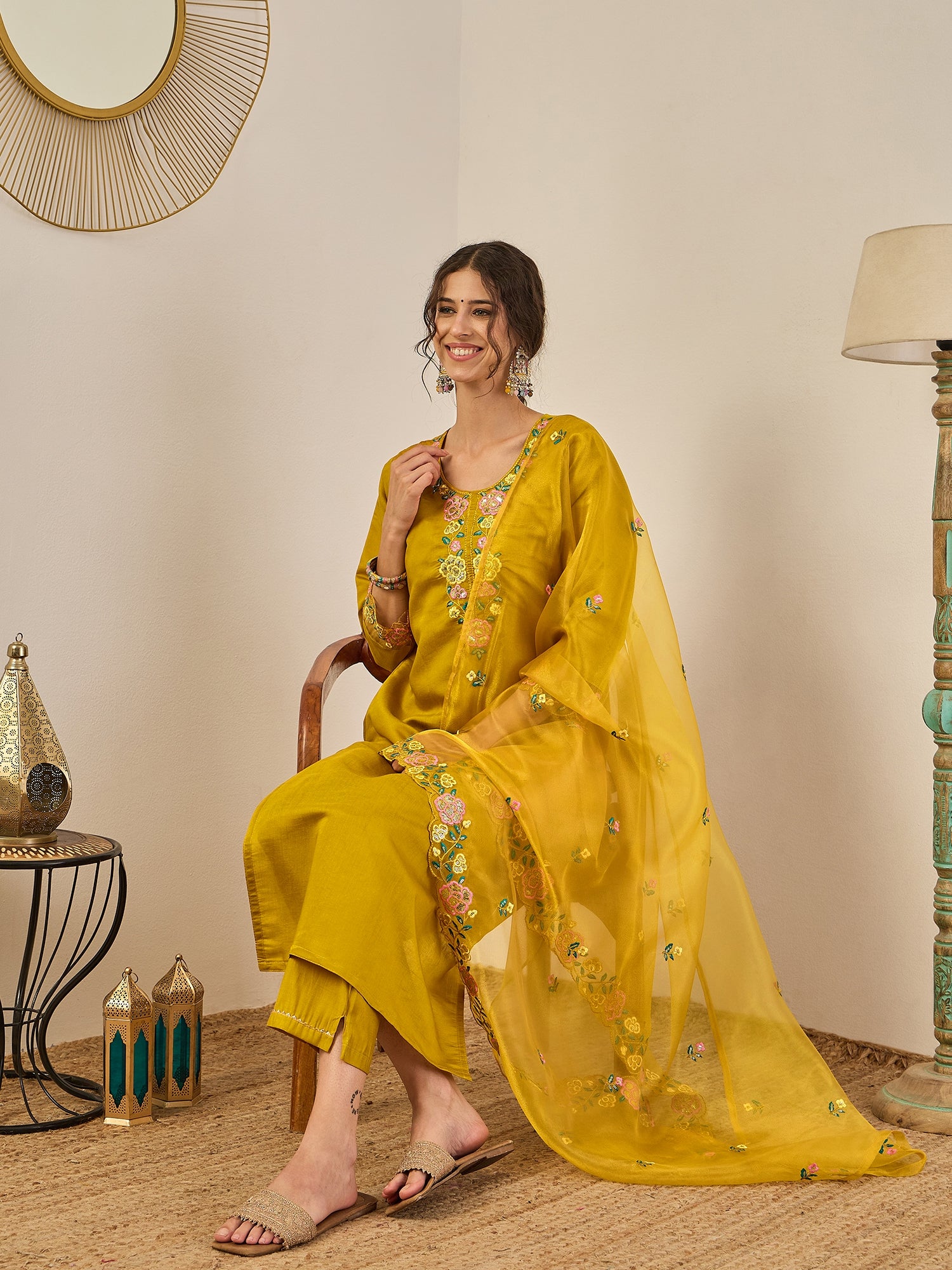 Shailee Women's Embroidered Viscose Roman Silk Kurta Pant Set with Organza Dupatta Elegant Lightweight Ethnic Wear