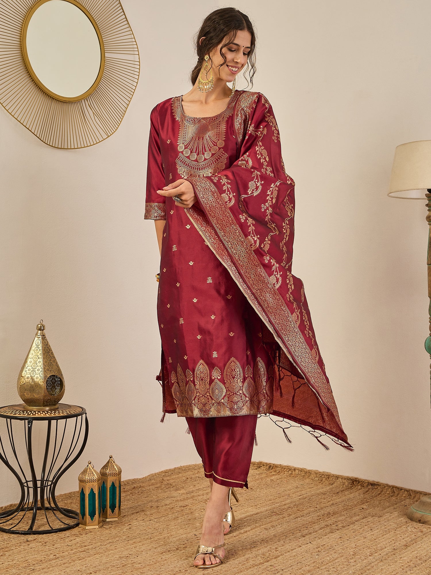 Malika Premium Kurta Set with Bottom and Dupatta Zari Work Comfortable Stylish