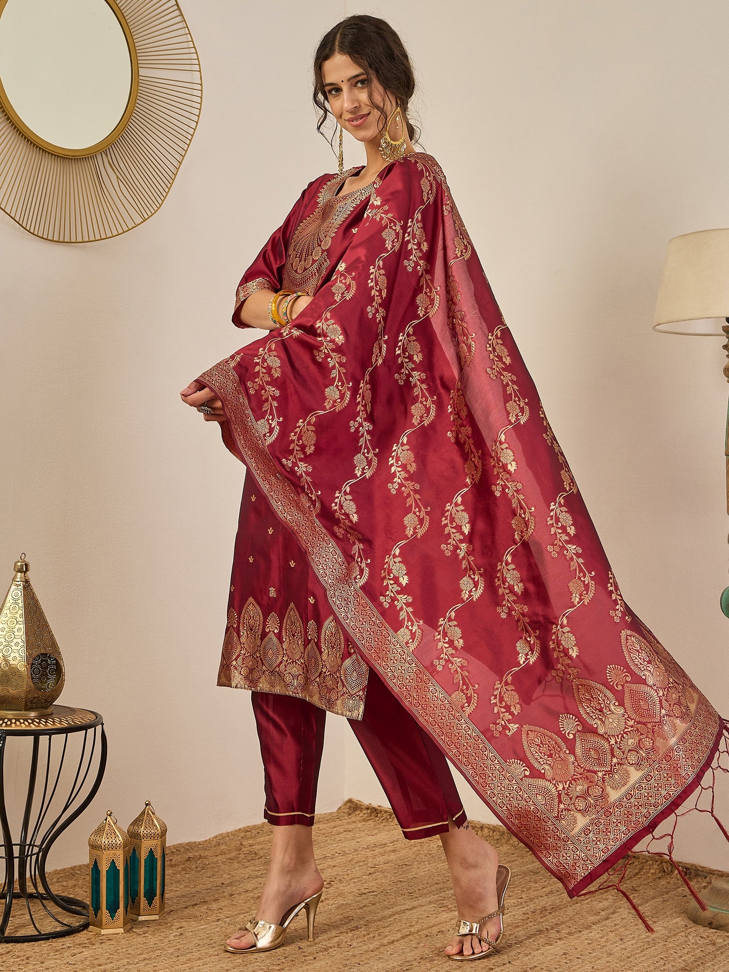 Malika Premium Kurta Set with Bottom and Dupatta Zari Work Comfortable Stylish