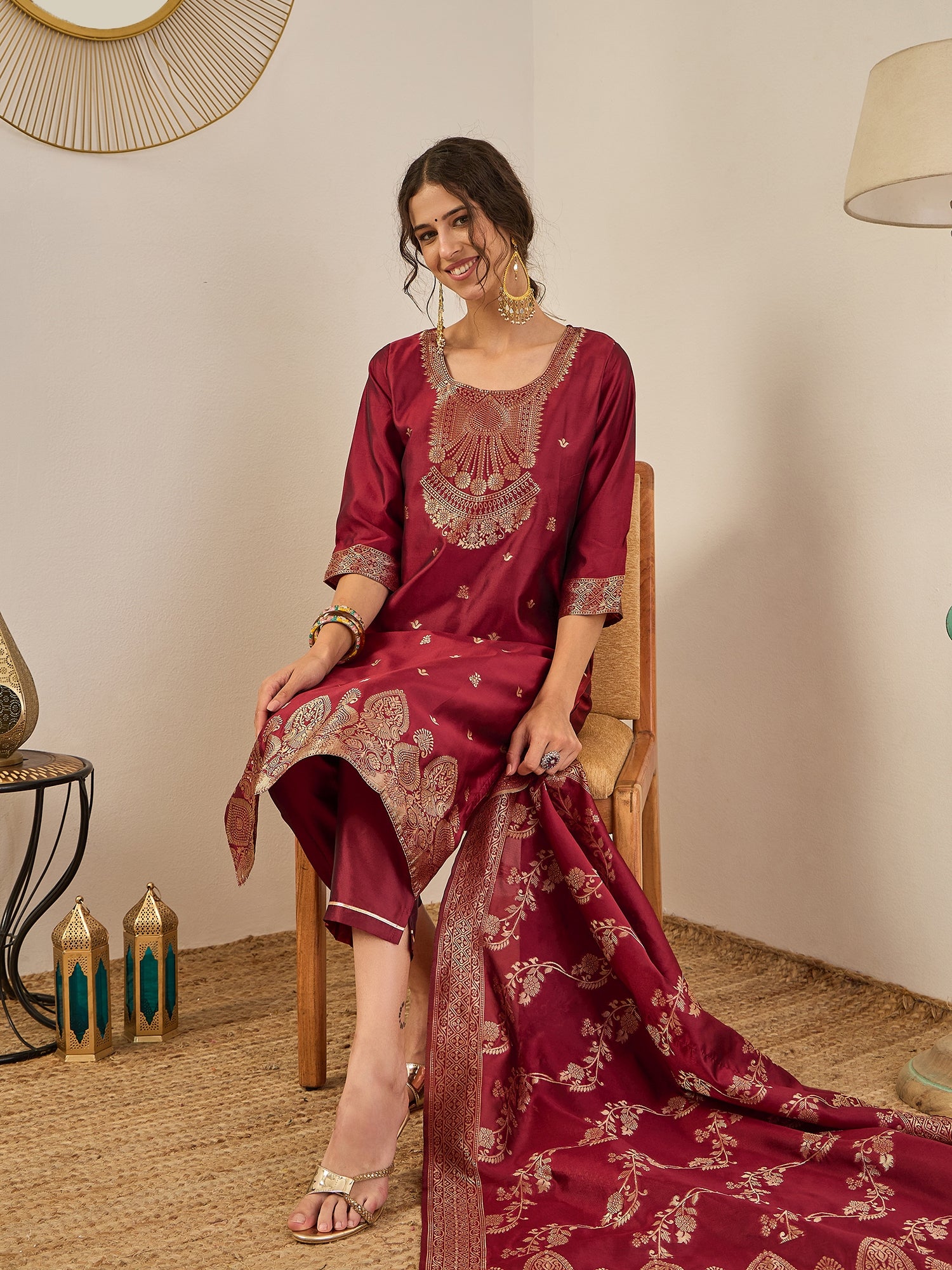 Malika Premium Kurta Set with Bottom and Dupatta Zari Work Comfortable Stylish