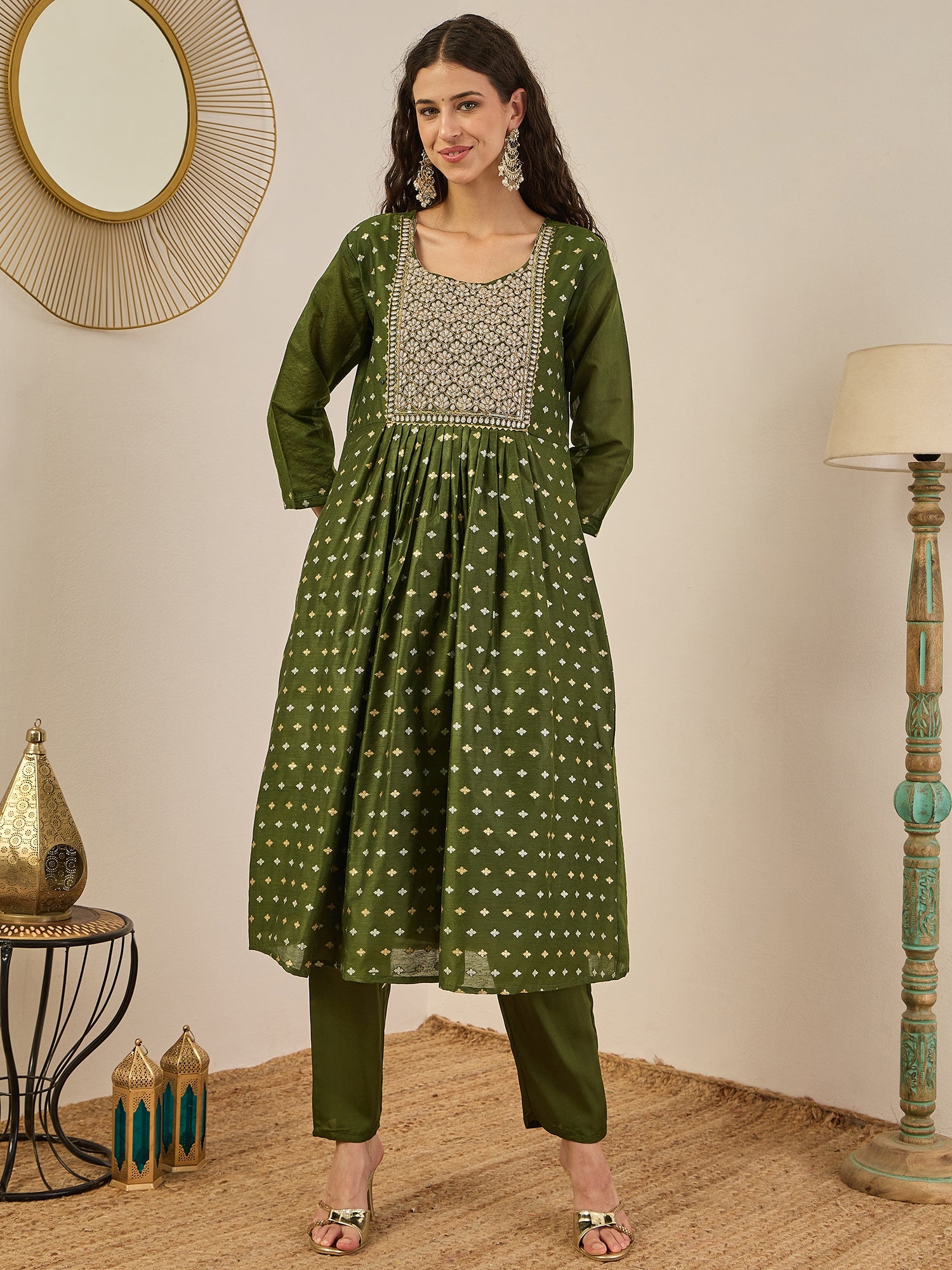 Phool Embroidered Chanderi Mehndi Suit Set with Dupatta Ethnic Sets