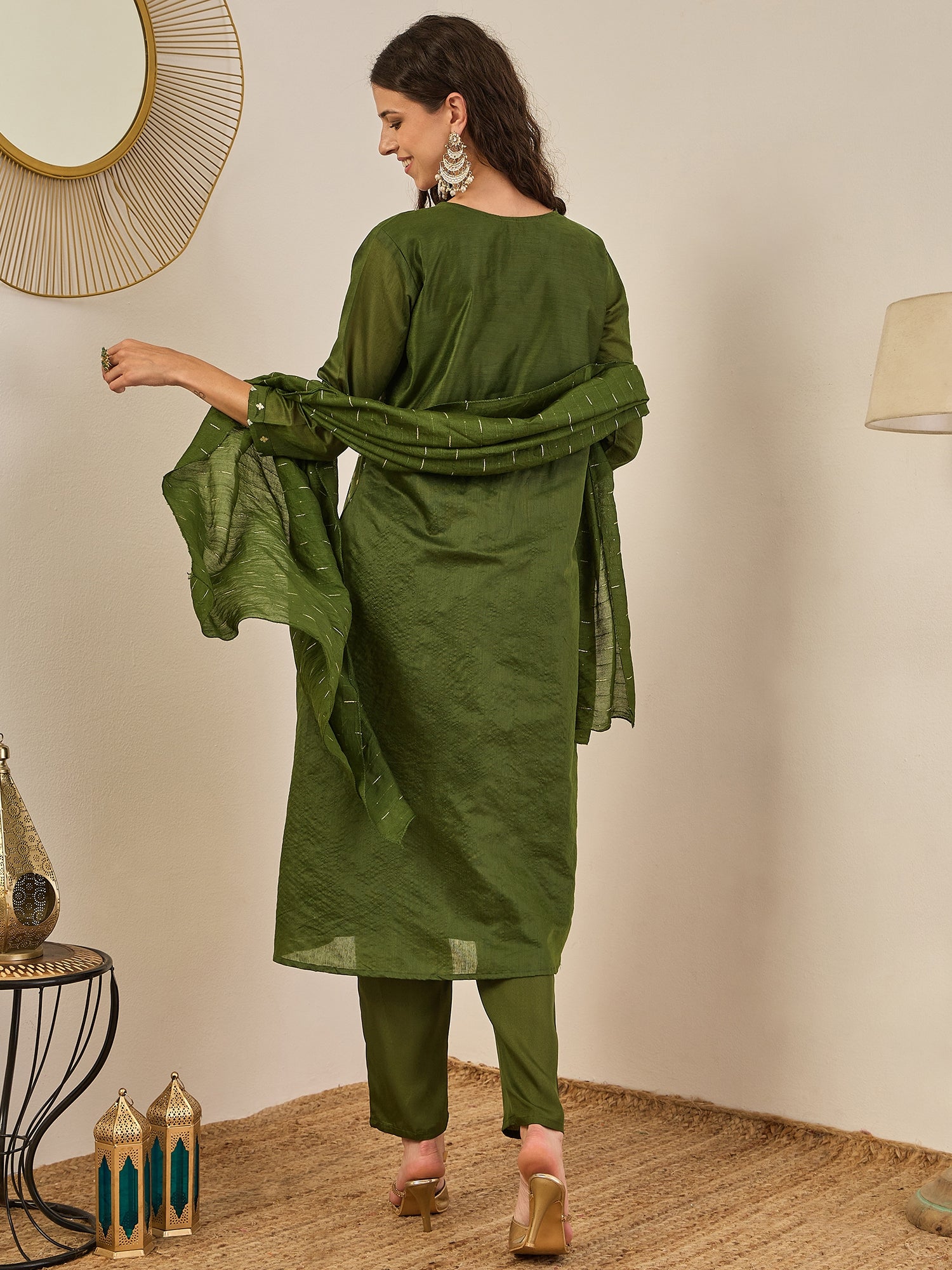 Phool Embroidered Chanderi Mehndi Suit Set with Dupatta Ethnic Sets