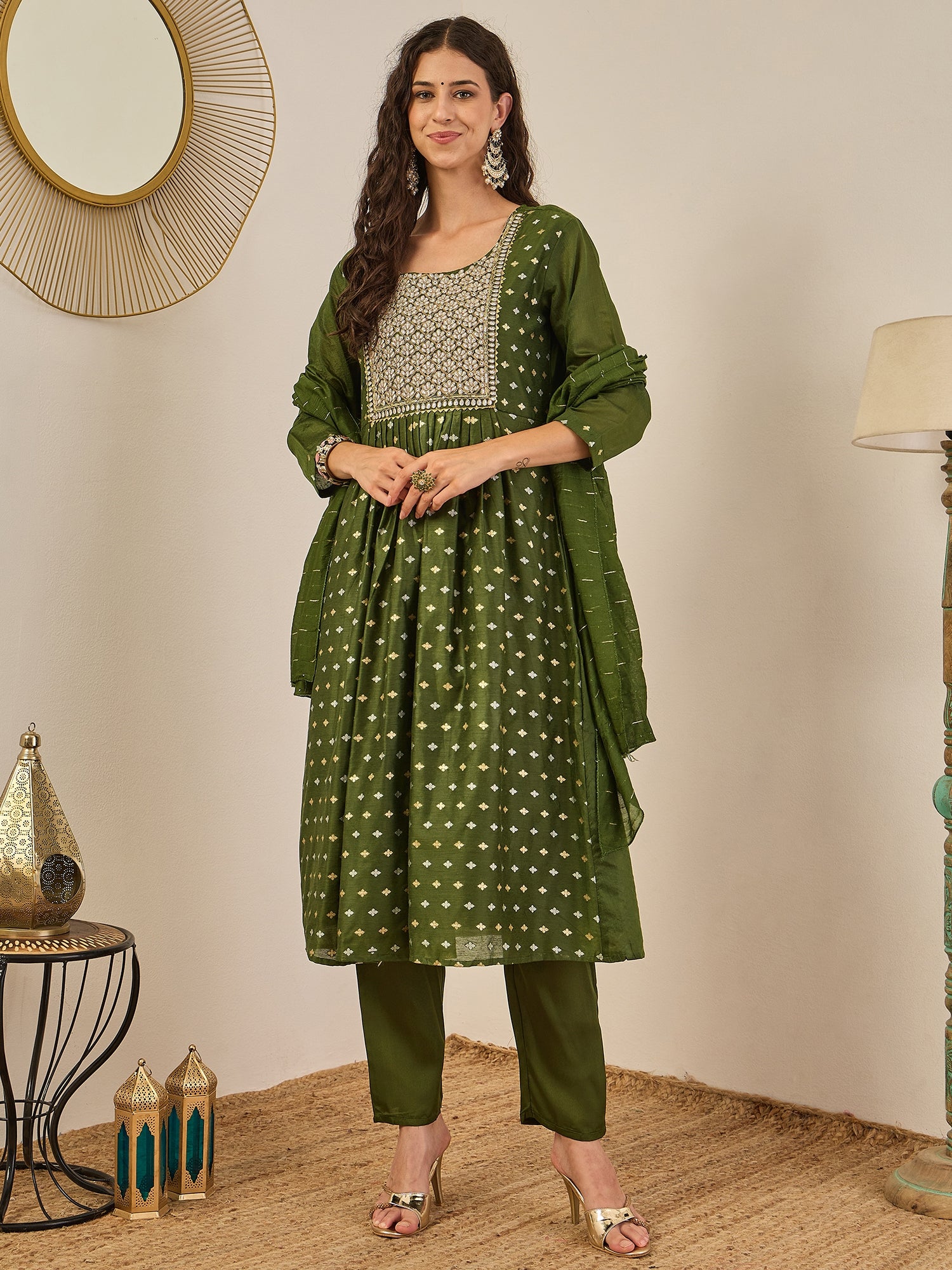 Phool Embroidered Chanderi Mehndi Suit Set with Dupatta Ethnic Sets