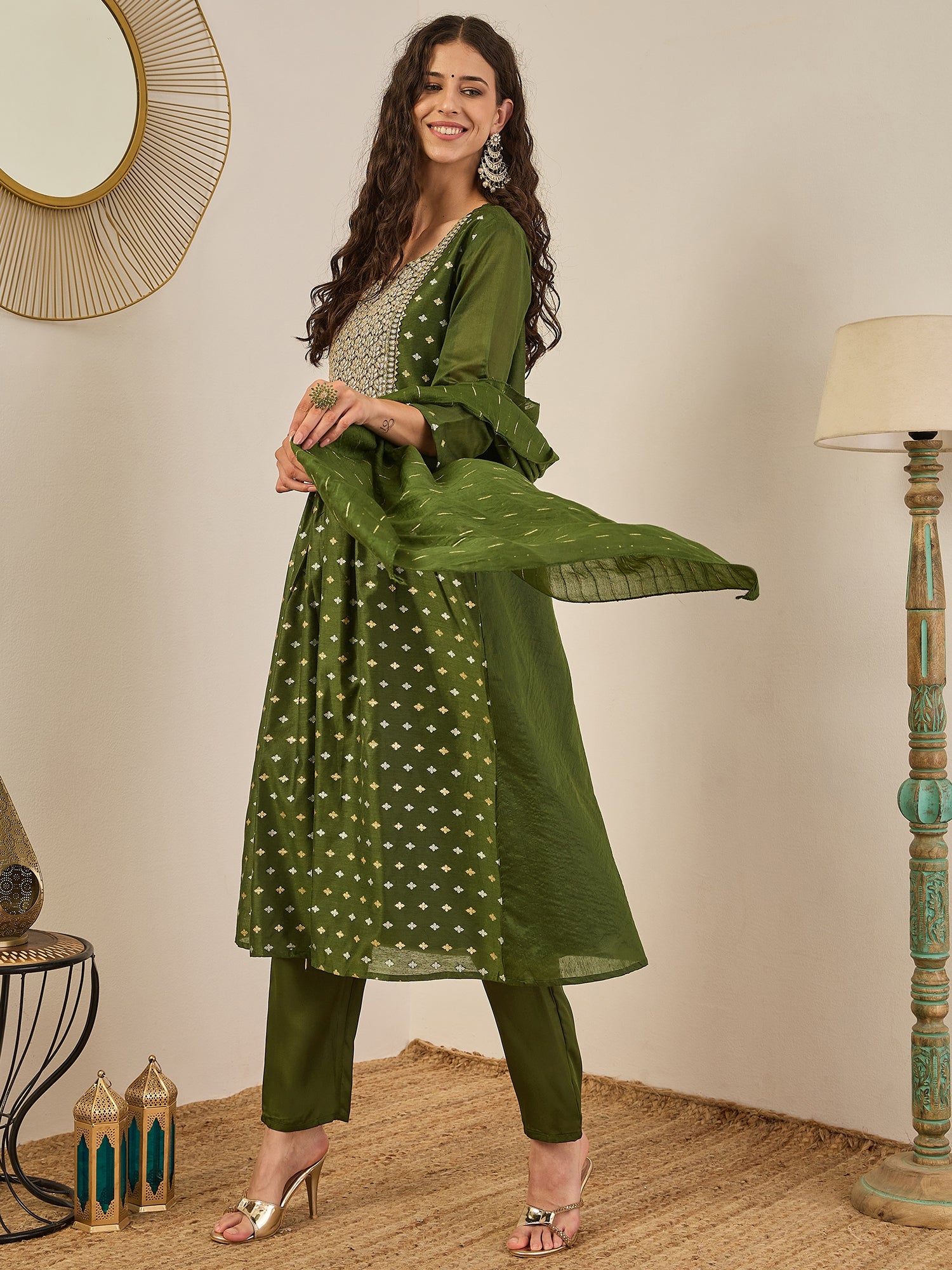 Phool Embroidered Chanderi Mehndi Suit Set with Dupatta Ethnic Sets