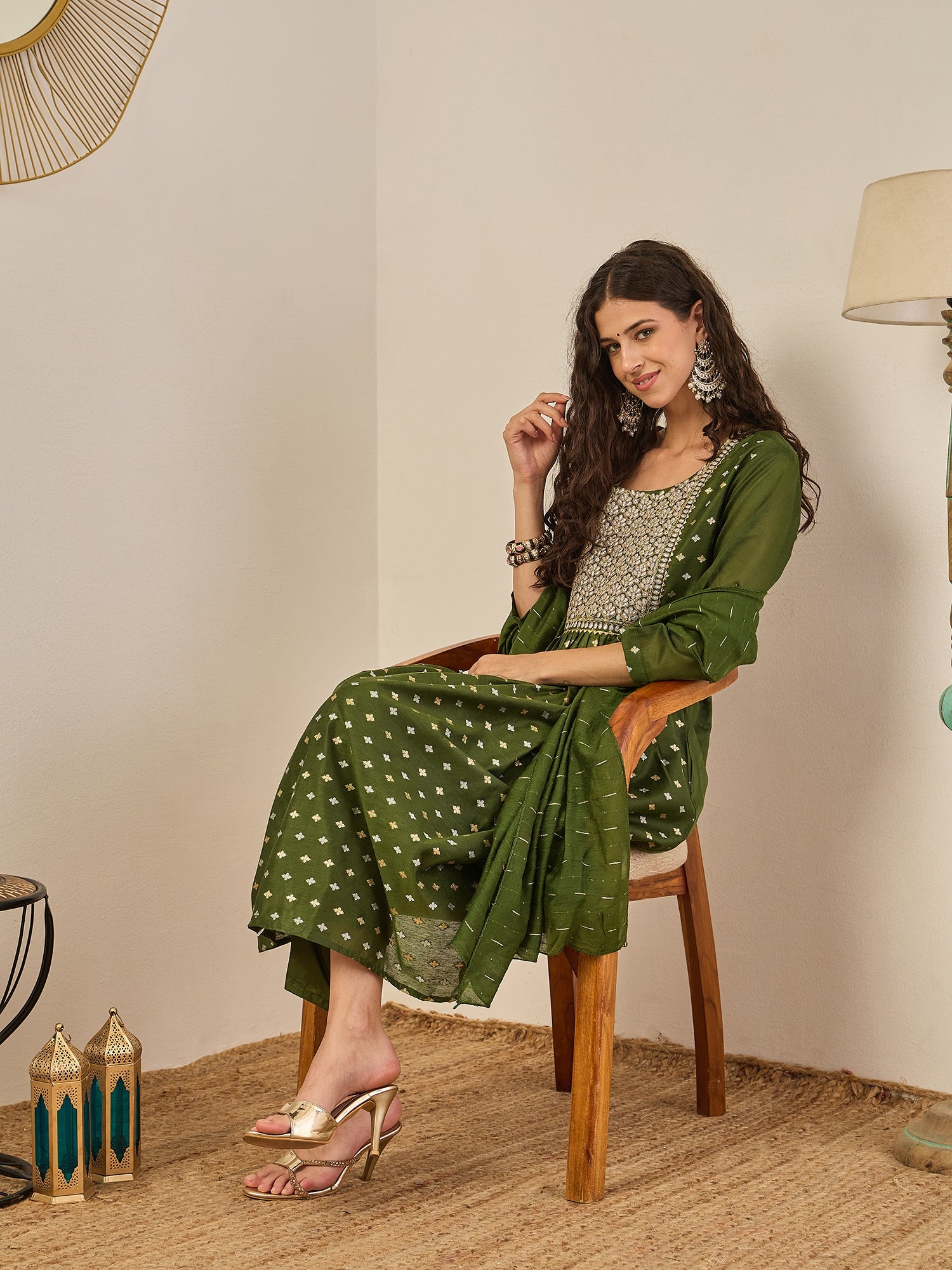 Phool Embroidered Chanderi Mehndi Suit Set with Dupatta Ethnic Sets