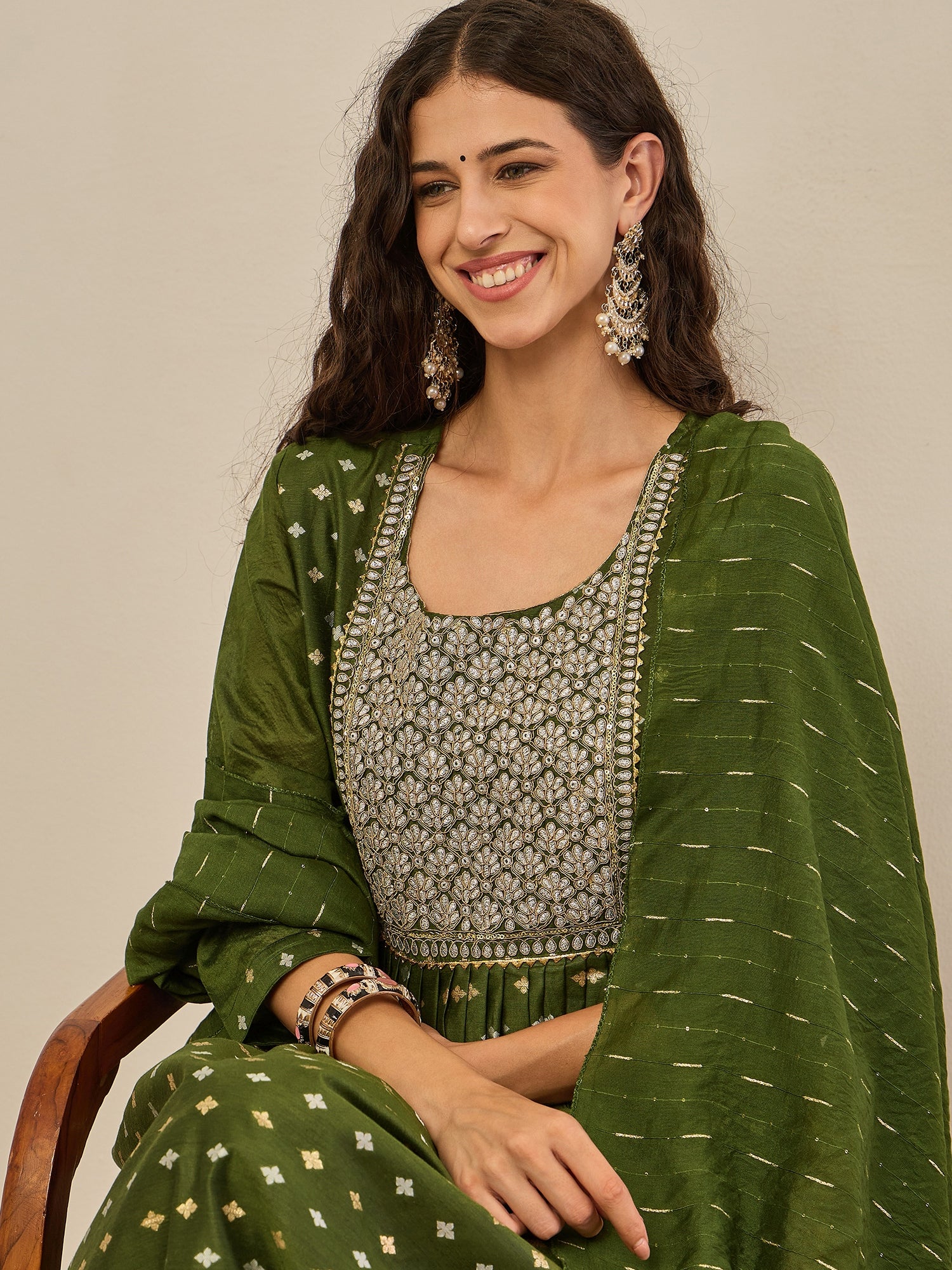 Phool Embroidered Chanderi Mehndi Suit Set with Dupatta Ethnic Sets