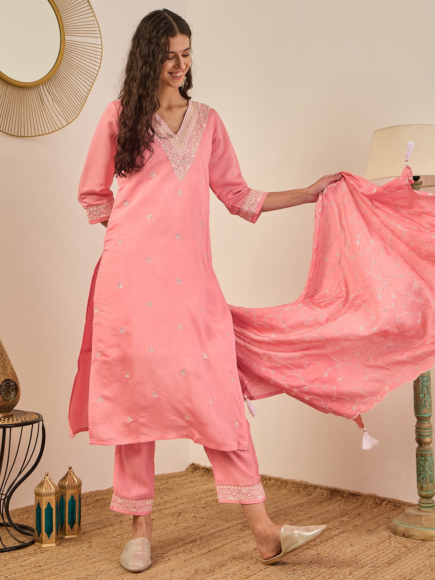 Swarnika Elegant Silk Blend Kurta Set with Chanderi Dupatta Ready to Wear Embroidered Party Wear Outfit