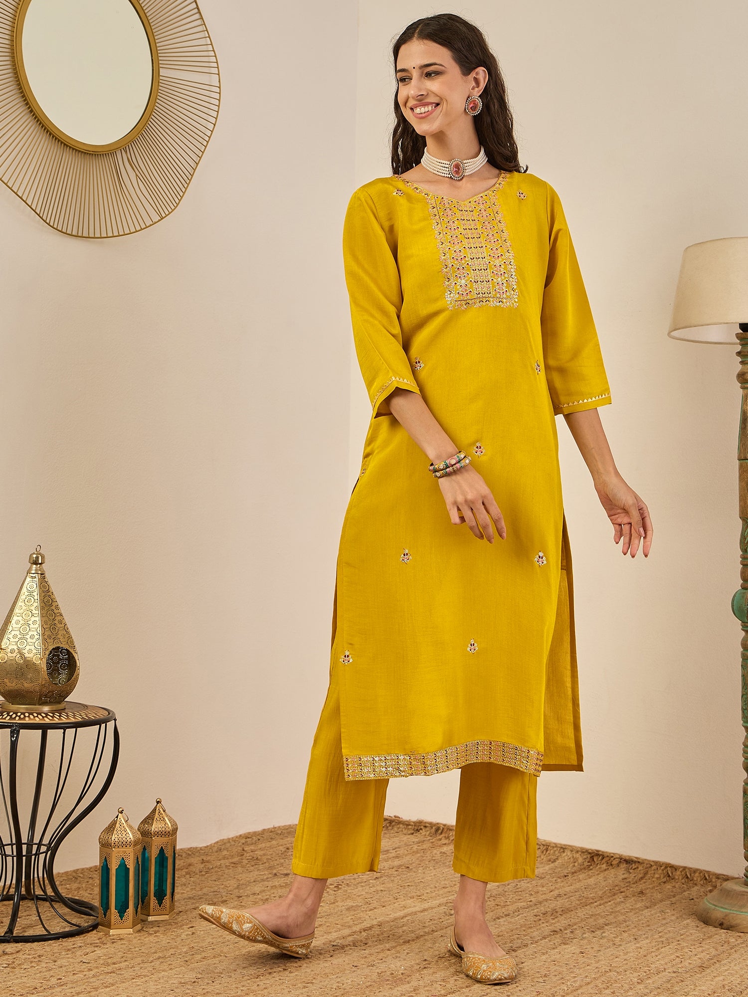 Vedhika Women's Embroidered Silk Blend Calf Length Straight Kurta Trouser with Dupatta Set