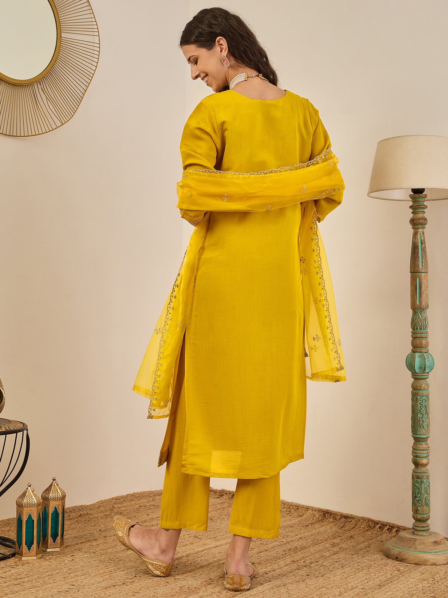 Vedhika Women's Embroidered Silk Blend Calf Length Straight Kurta Trouser with Dupatta Set