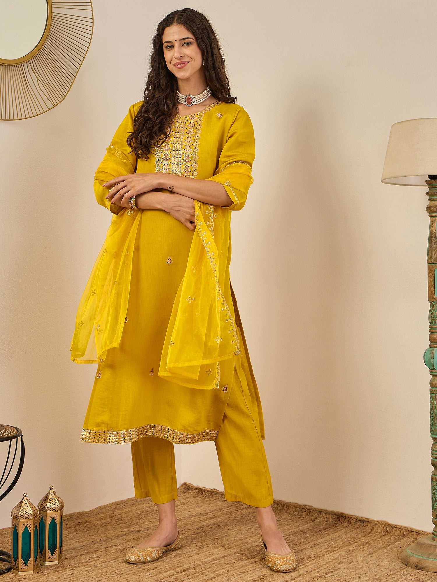 Vedhika Women's Embroidered Silk Blend Calf Length Straight Kurta Trouser with Dupatta Set