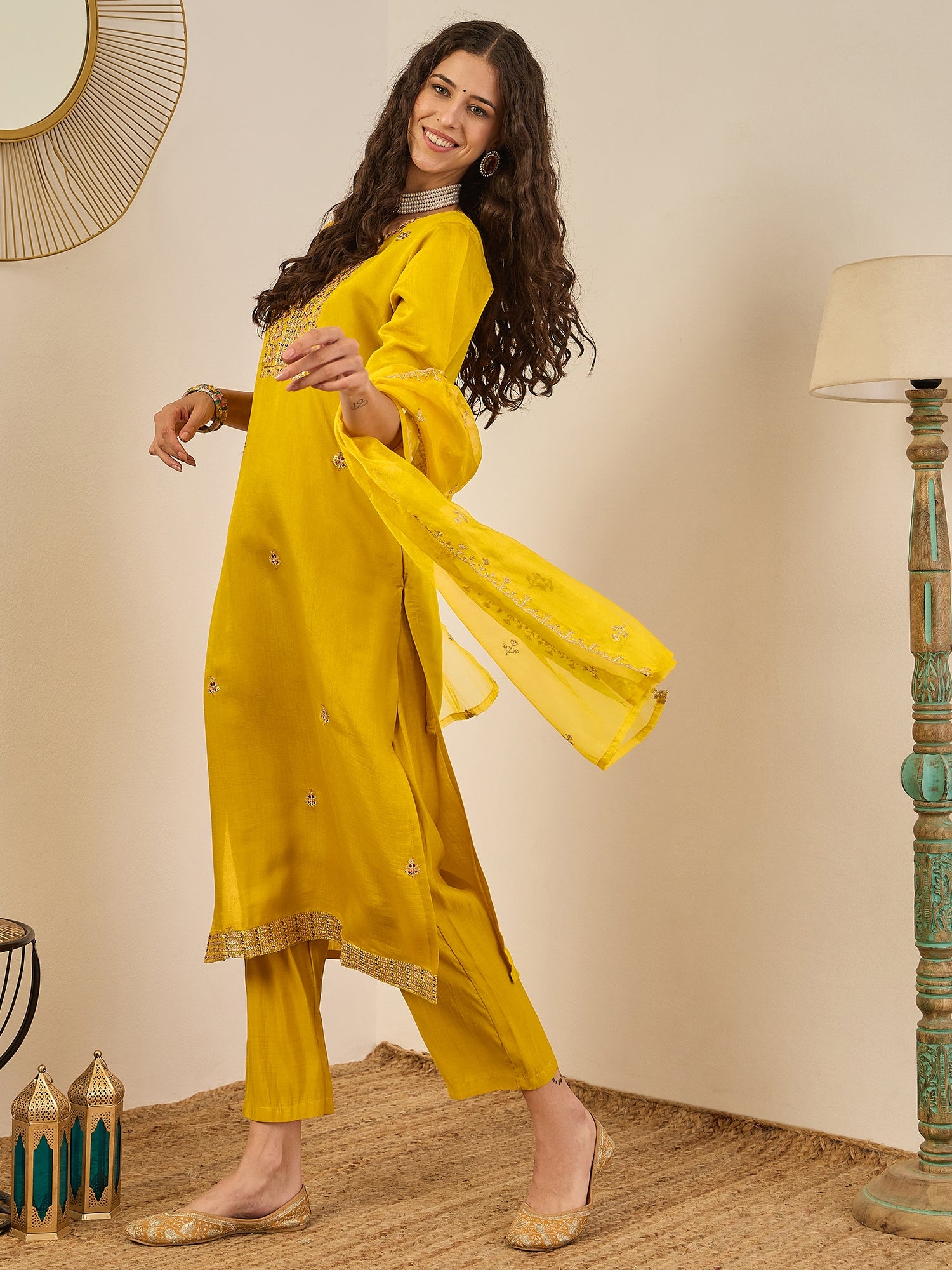 Vedhika Women's Embroidered Silk Blend Calf Length Straight Kurta Trouser with Dupatta Set