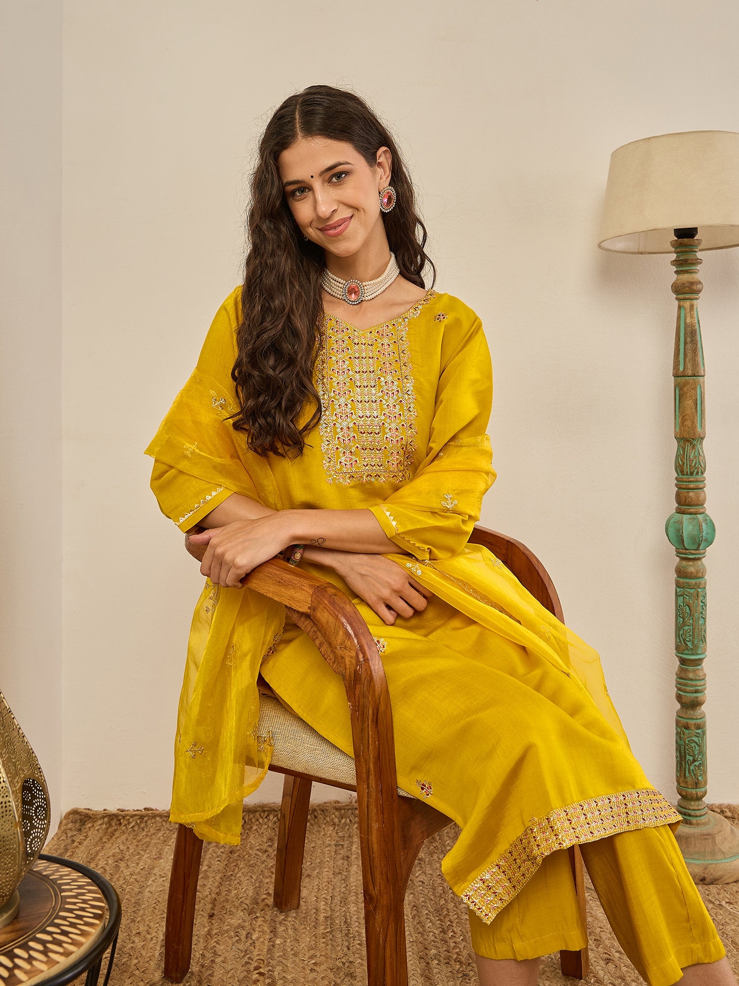 Vedhika Women's Embroidered Silk Blend Calf Length Straight Kurta Trouser with Dupatta Set