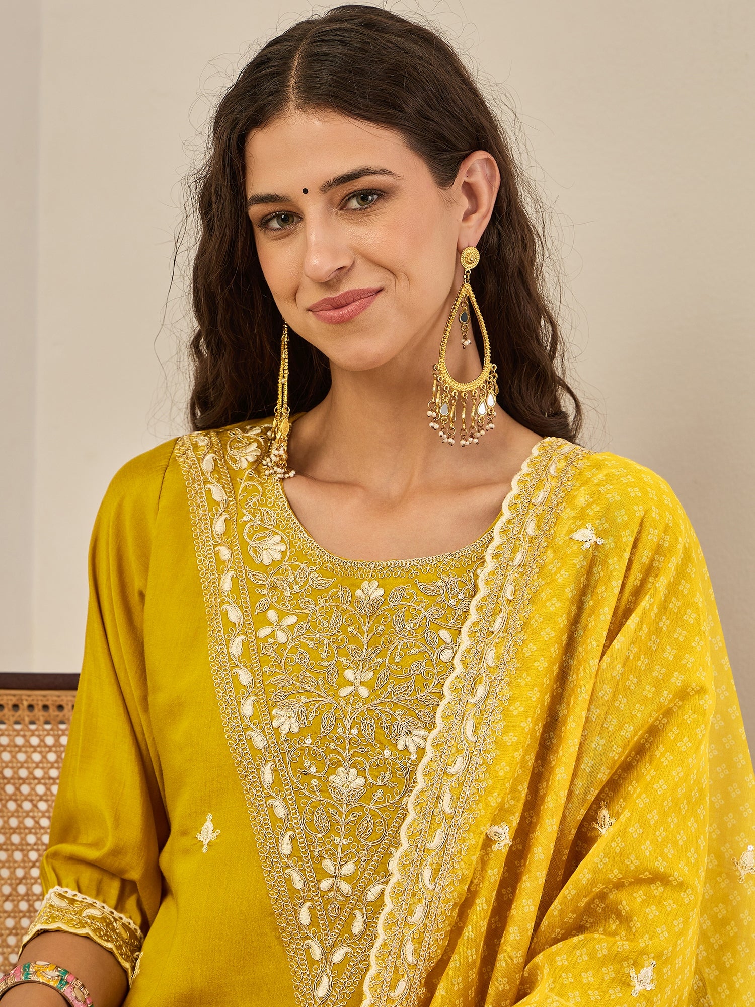 Rahi Lemon Embroidered Silk Blend Straight Suit With Dupatta