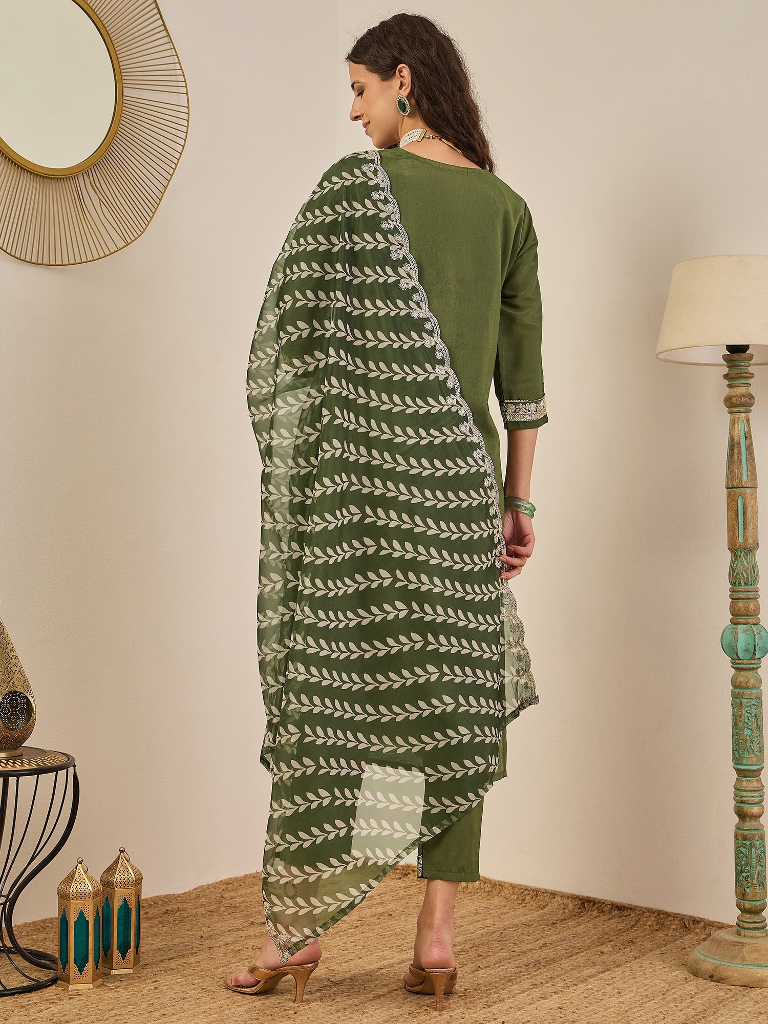 Zehra Women's Embroidered Silk Blend Calf Length Straight Kurta Trouser with Dupatta Set