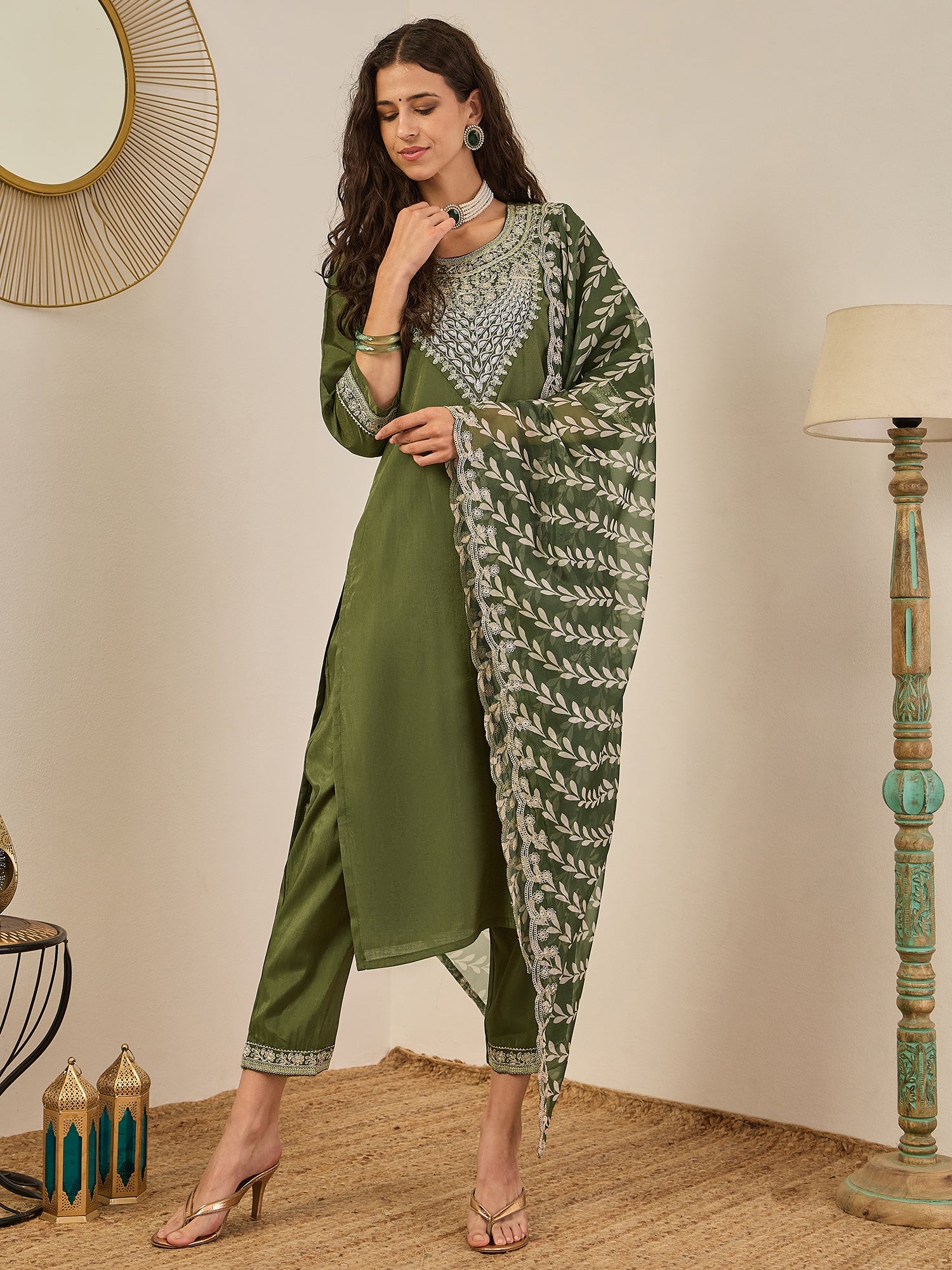 Zehra Women's Embroidered Silk Blend Calf Length Straight Kurta Trouser with Dupatta Set