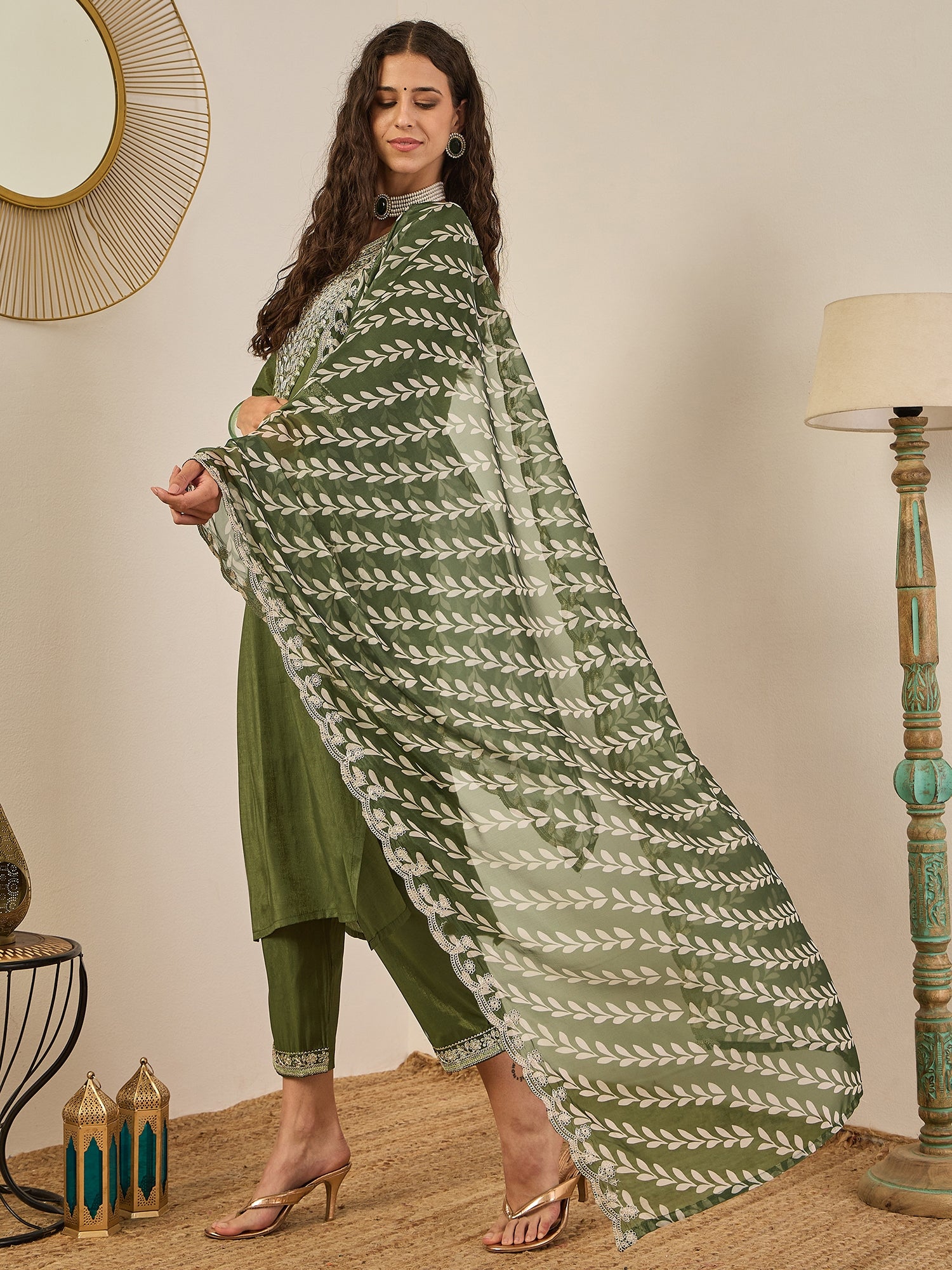 Zehra Women's Embroidered Silk Blend Calf Length Straight Kurta Trouser with Dupatta Set