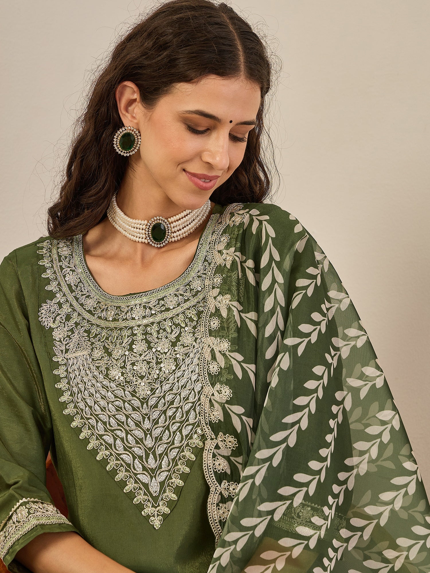Zehra Women's Embroidered Silk Blend Calf Length Straight Kurta Trouser with Dupatta Set