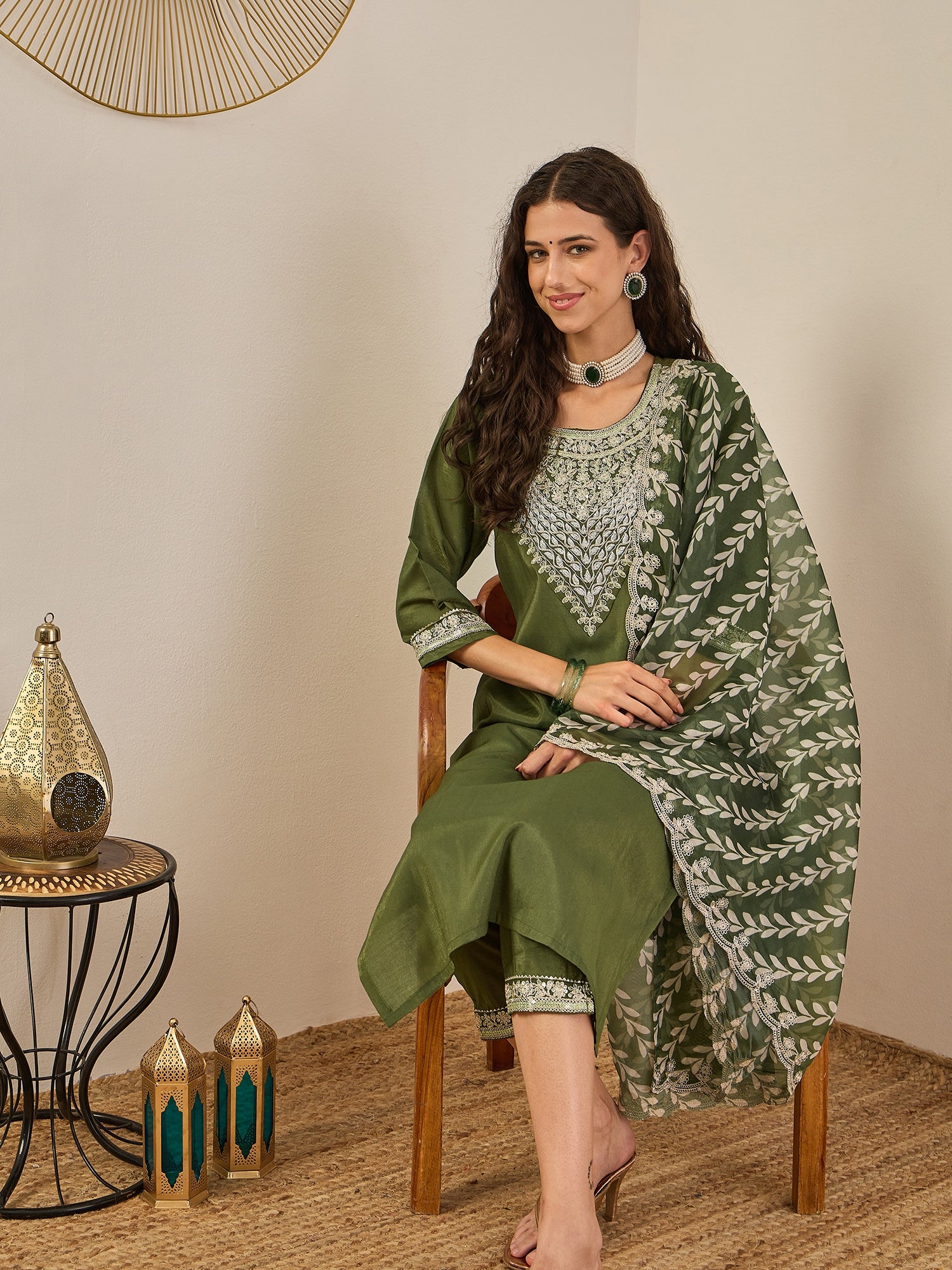 Zehra Women's Embroidered Silk Blend Calf Length Straight Kurta Trouser with Dupatta Set