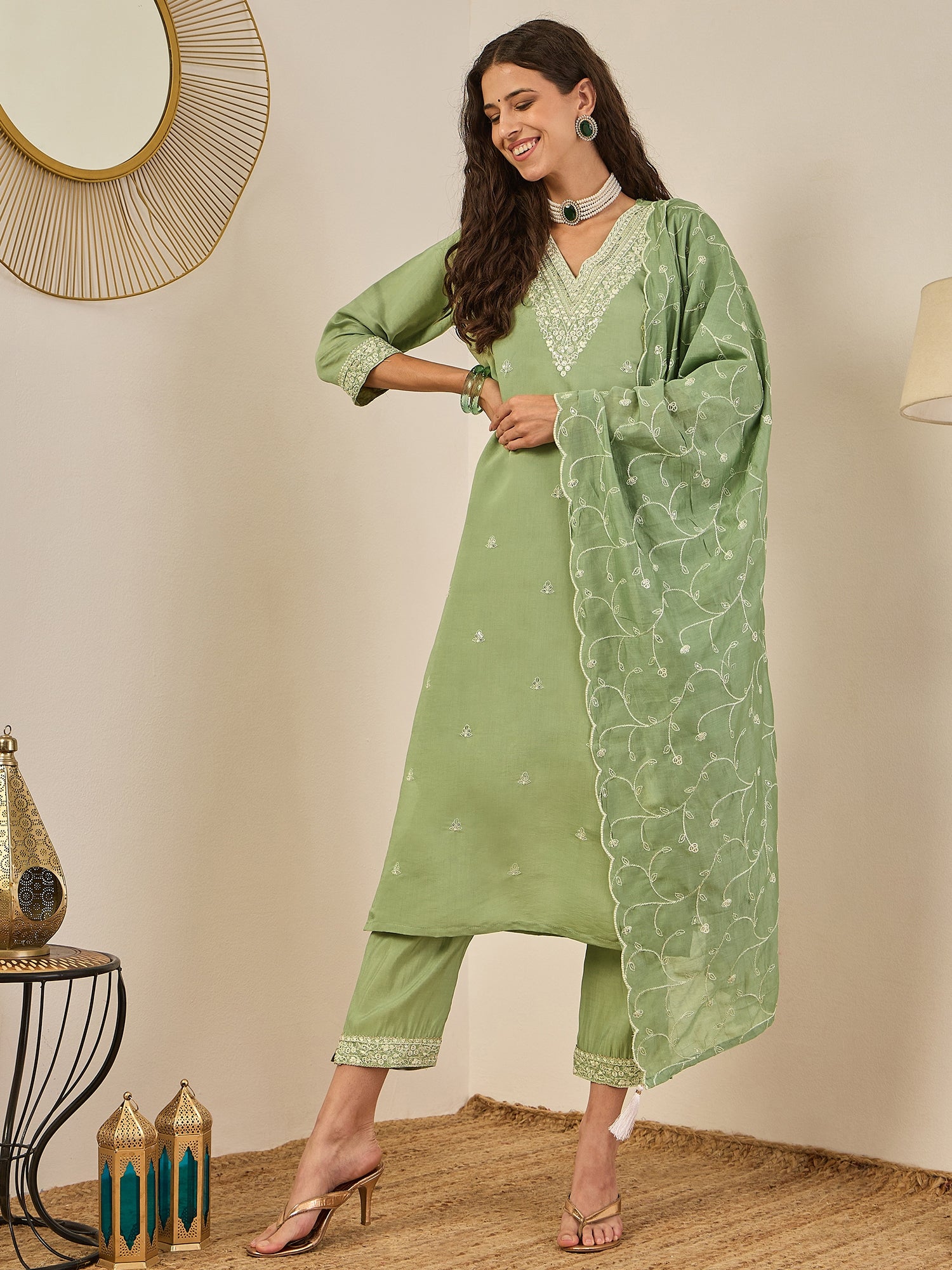 Swarnika Elegant Silk Blend Kurta Set with Chanderi Dupatta Ready to Wear Embroidered Party Wear Outfit