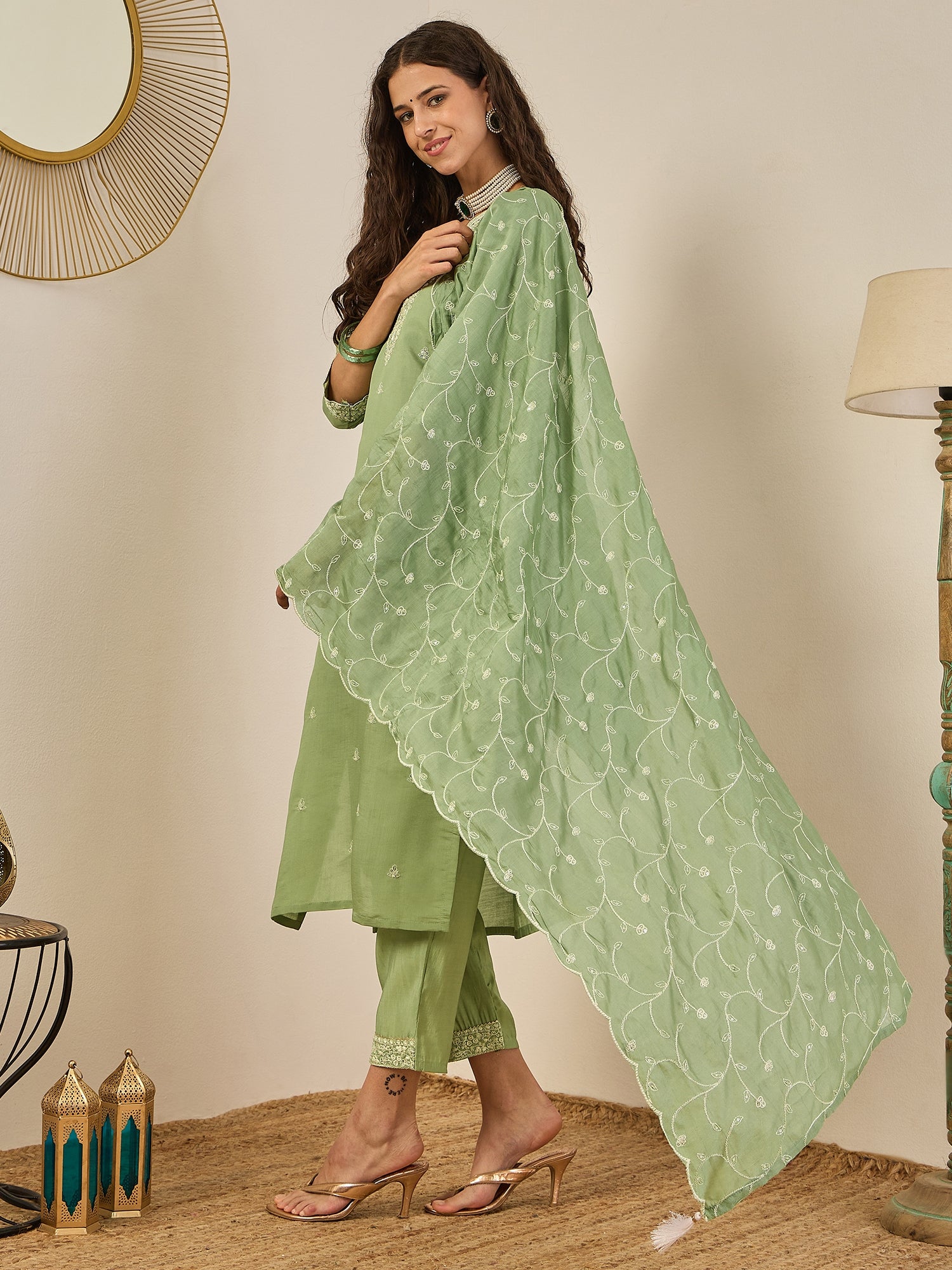 Swarnika Elegant Silk Blend Kurta Set with Chanderi Dupatta Ready to Wear Embroidered Party Wear Outfit