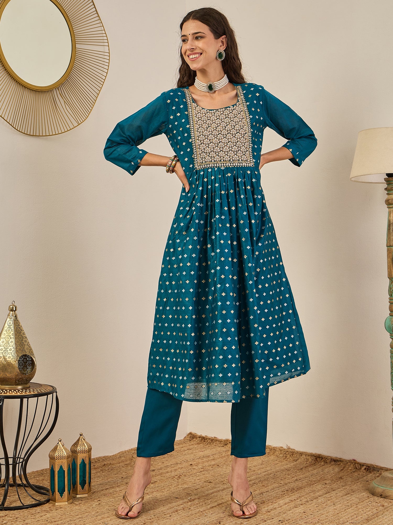 Phool Embroidered Chanderi Teal Suit Set with Dupatta Ethnic Sets