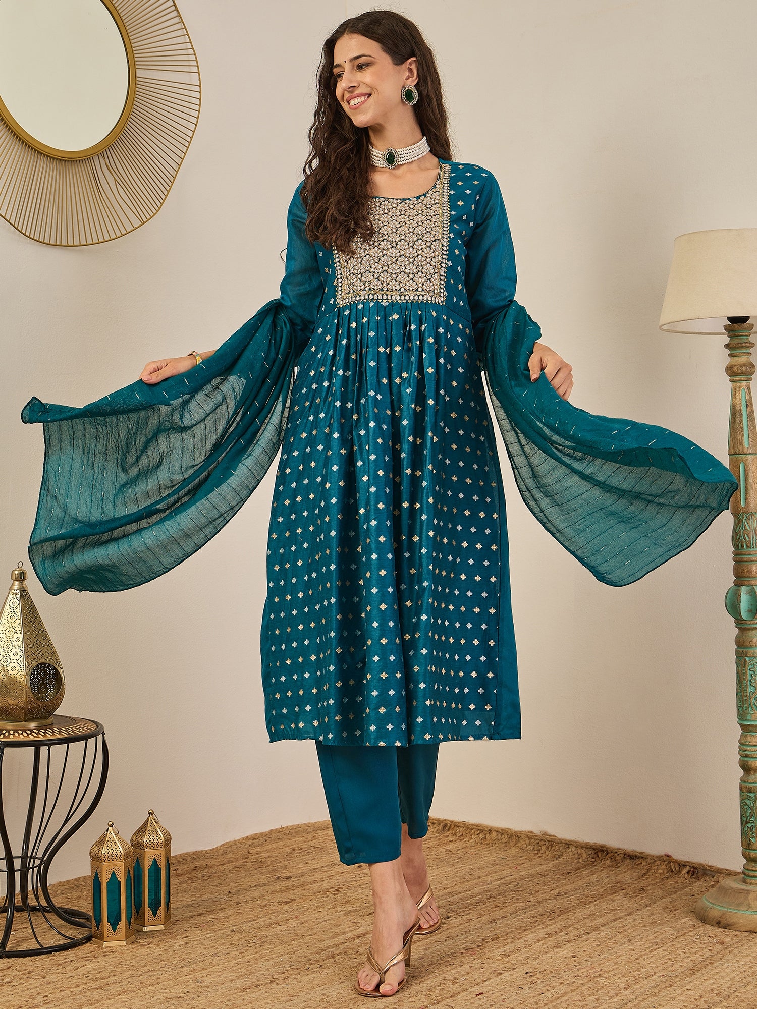 Phool Embroidered Chanderi Teal Suit Set with Dupatta Ethnic Sets